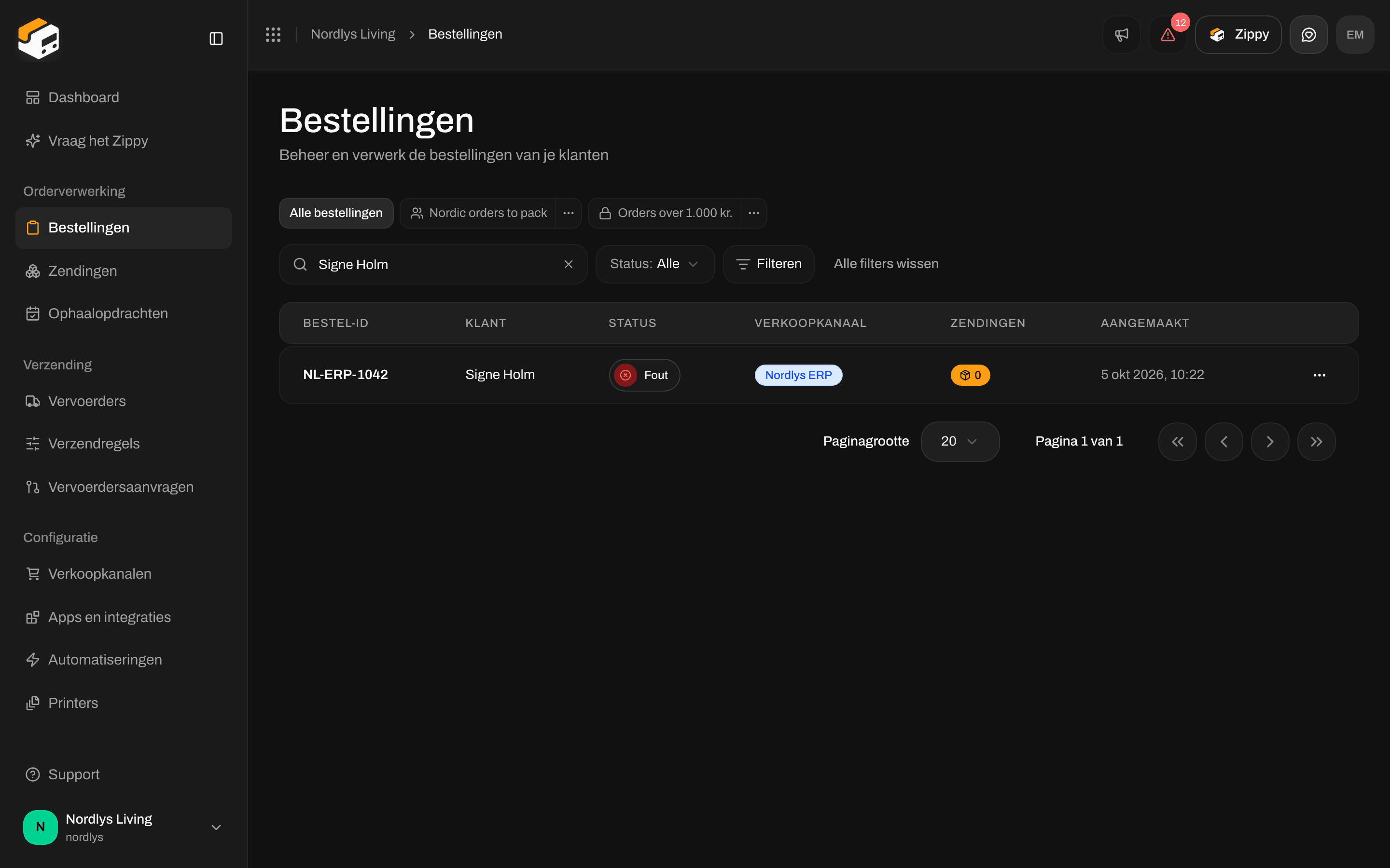 Lijst Bestellingen met een bestelling die via een eigen kanaal is binnengekomen