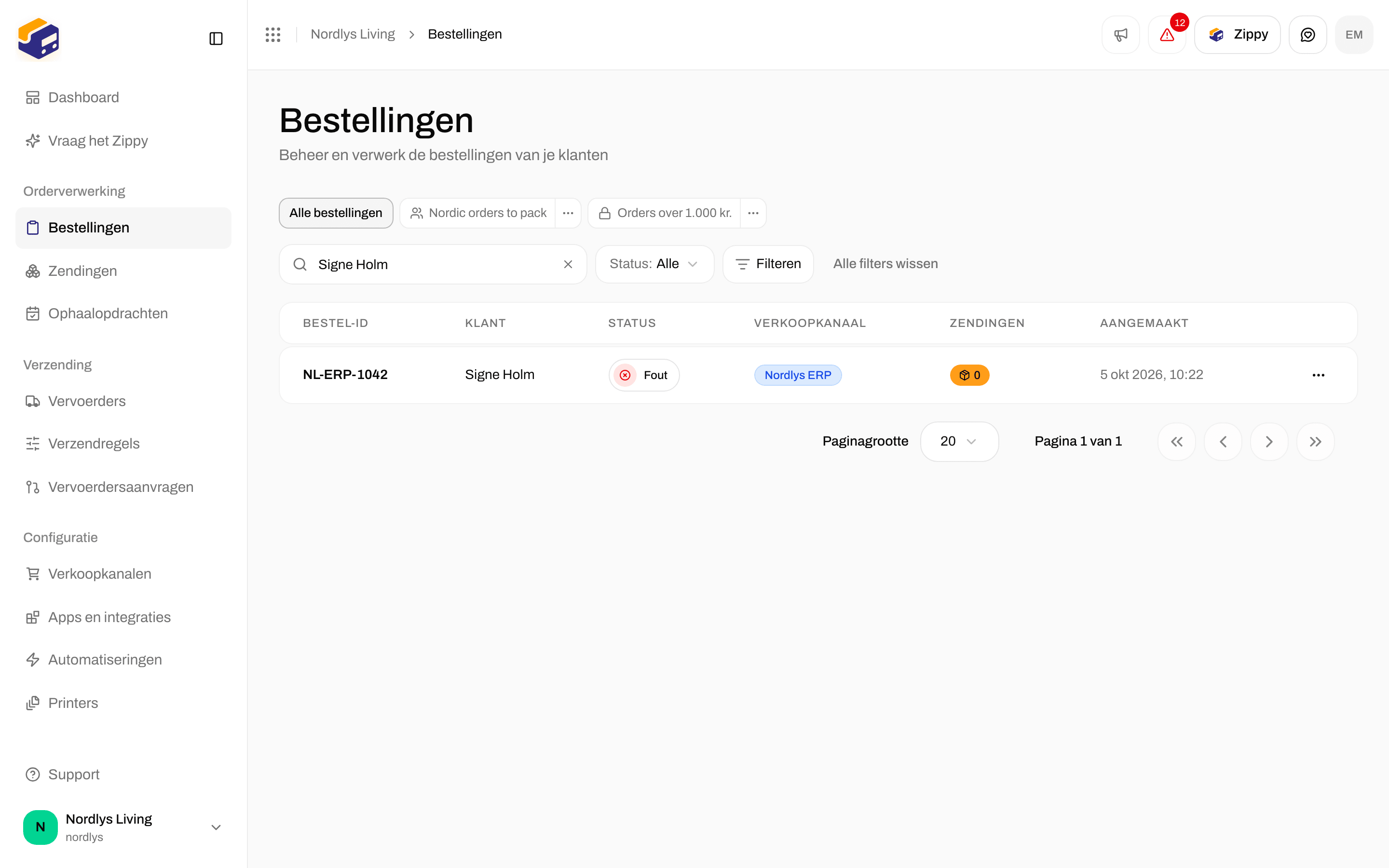 Lijst Bestellingen met een bestelling die via een eigen kanaal is binnengekomen