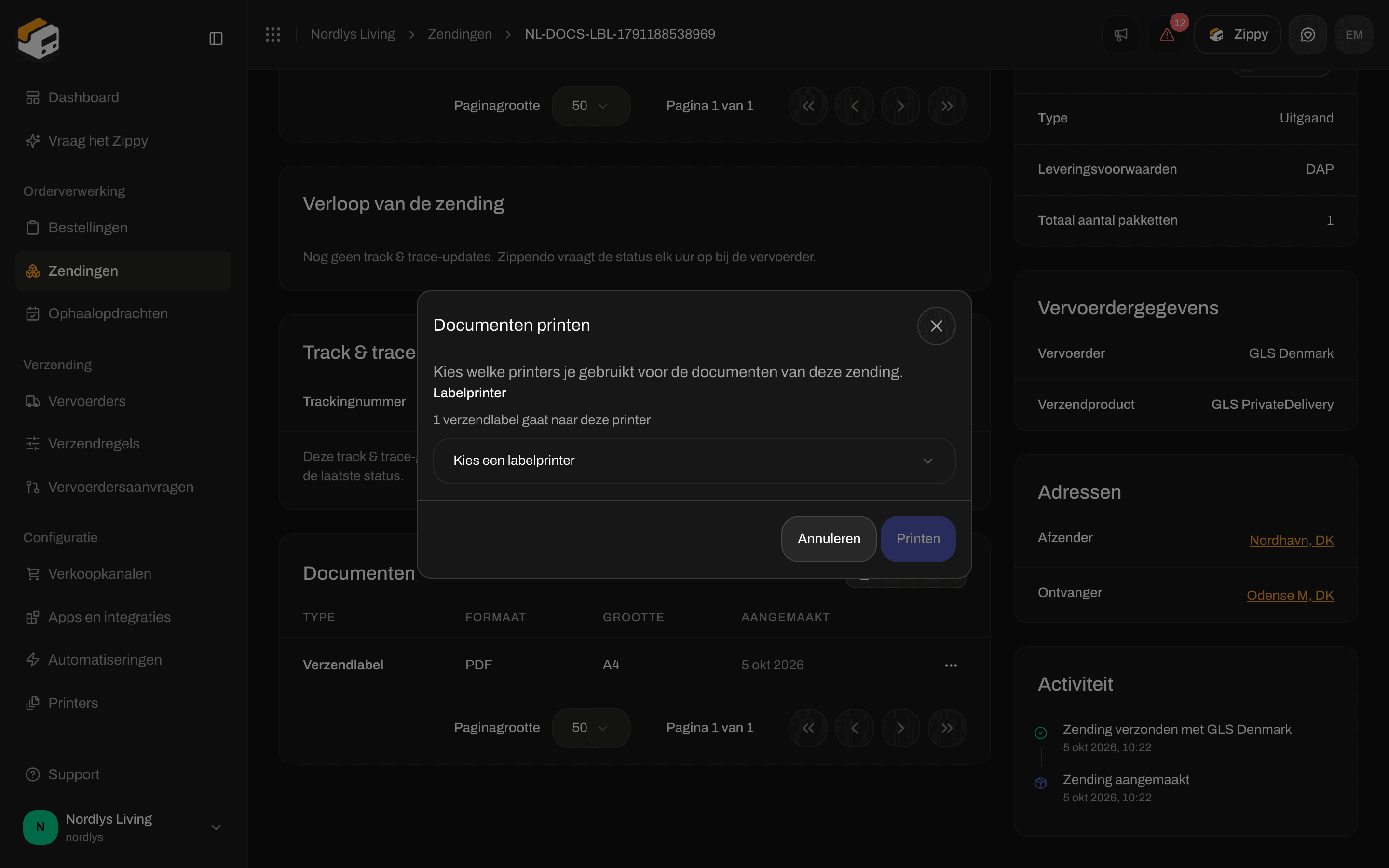 Venster Documenten printen met de vraag om een labelprinter