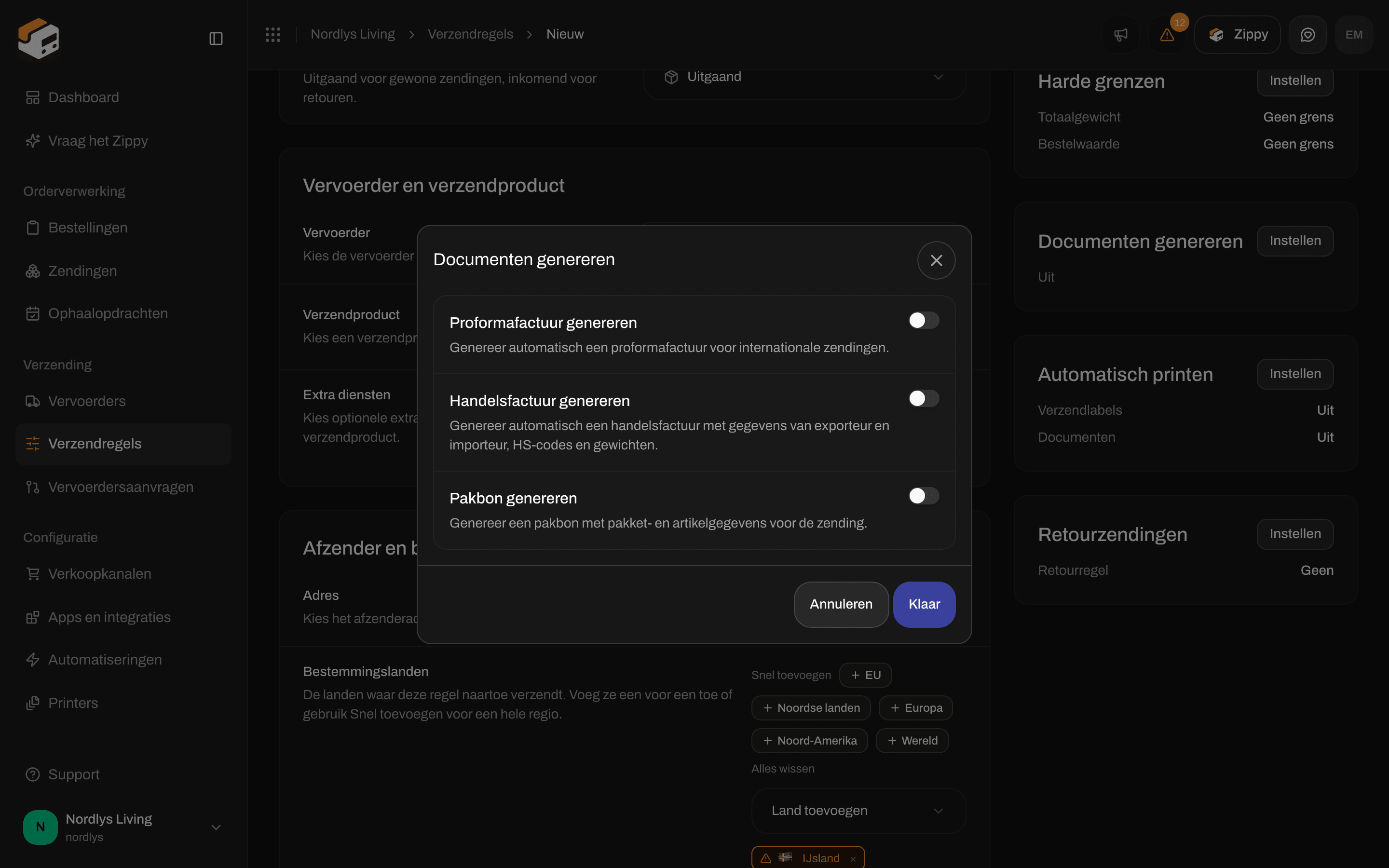 Formulier van een verzendregel met de schakelaars bij Documenten genereren voor facturen en de pakbon