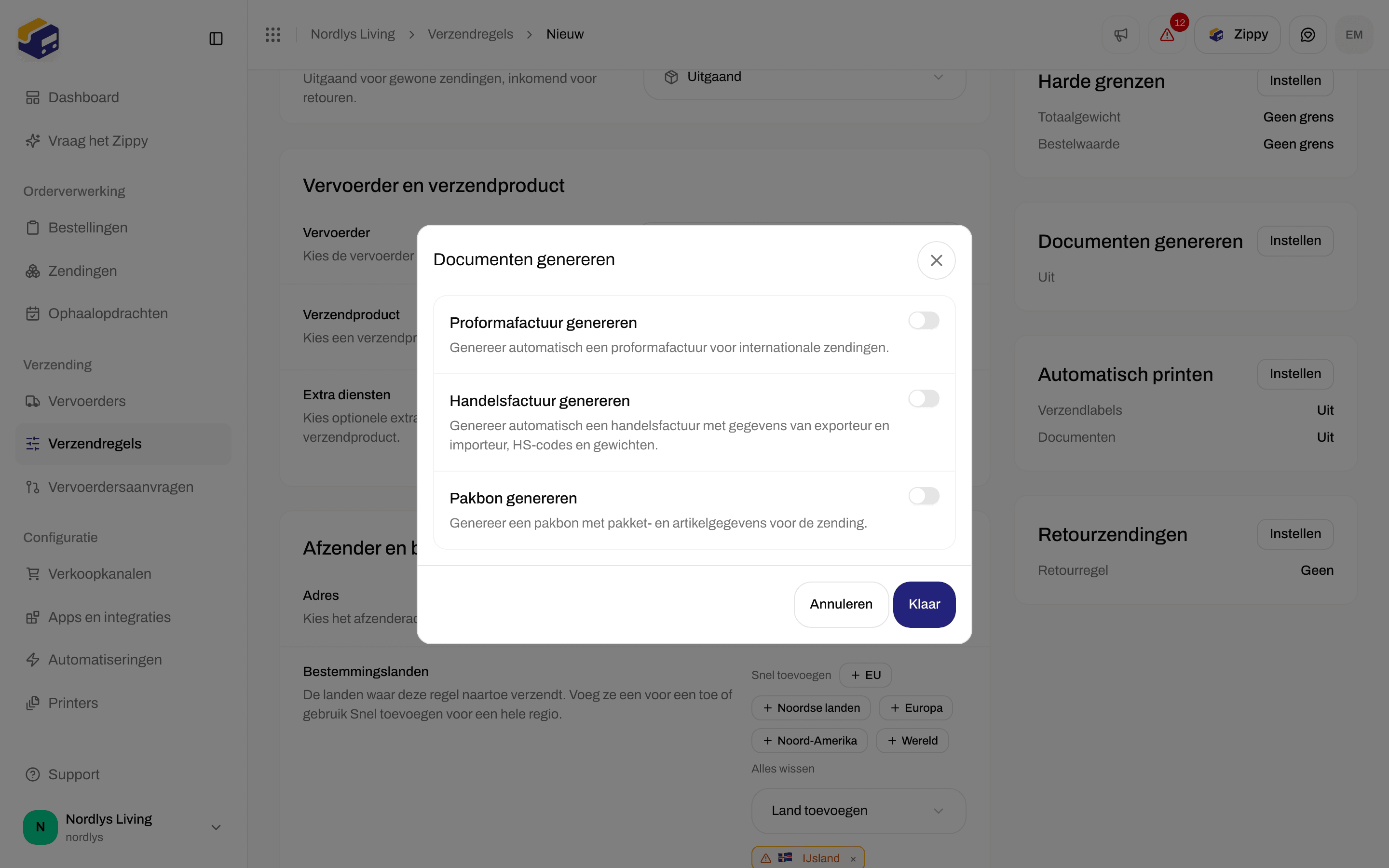 Formulier van een verzendregel met de schakelaars bij Documenten genereren voor facturen en de pakbon