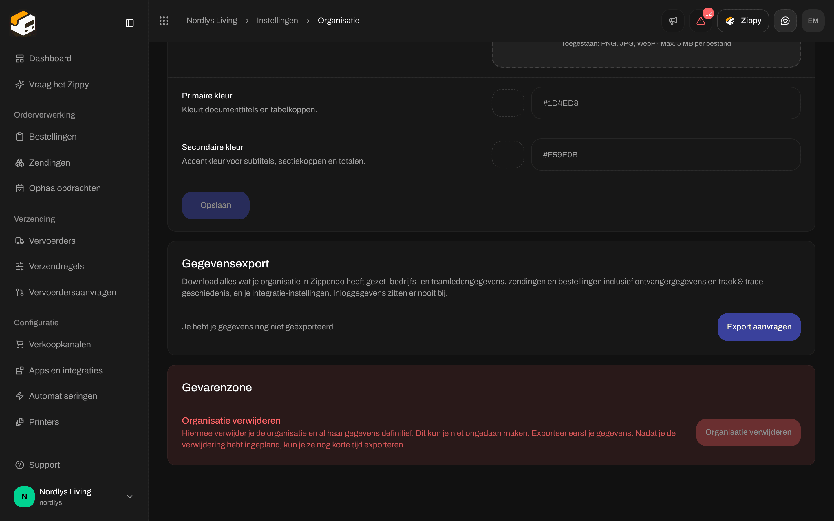 Gevarenzone met de kop Organisatie verwijderen en een knop Organisatie verwijderen die niet kan worden aangeklikt