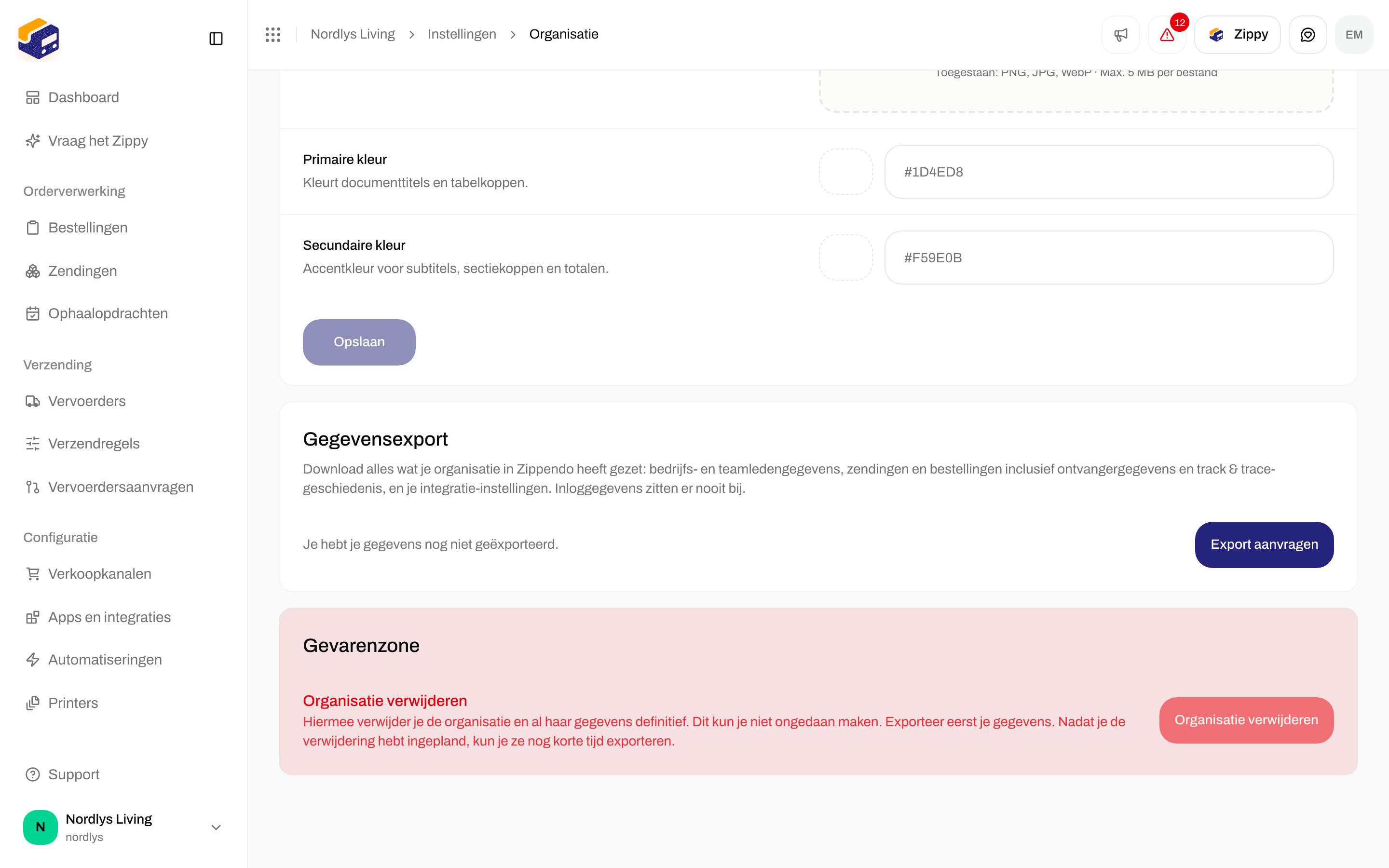 Gevarenzone met de kop Organisatie verwijderen en een knop Organisatie verwijderen die niet kan worden aangeklikt