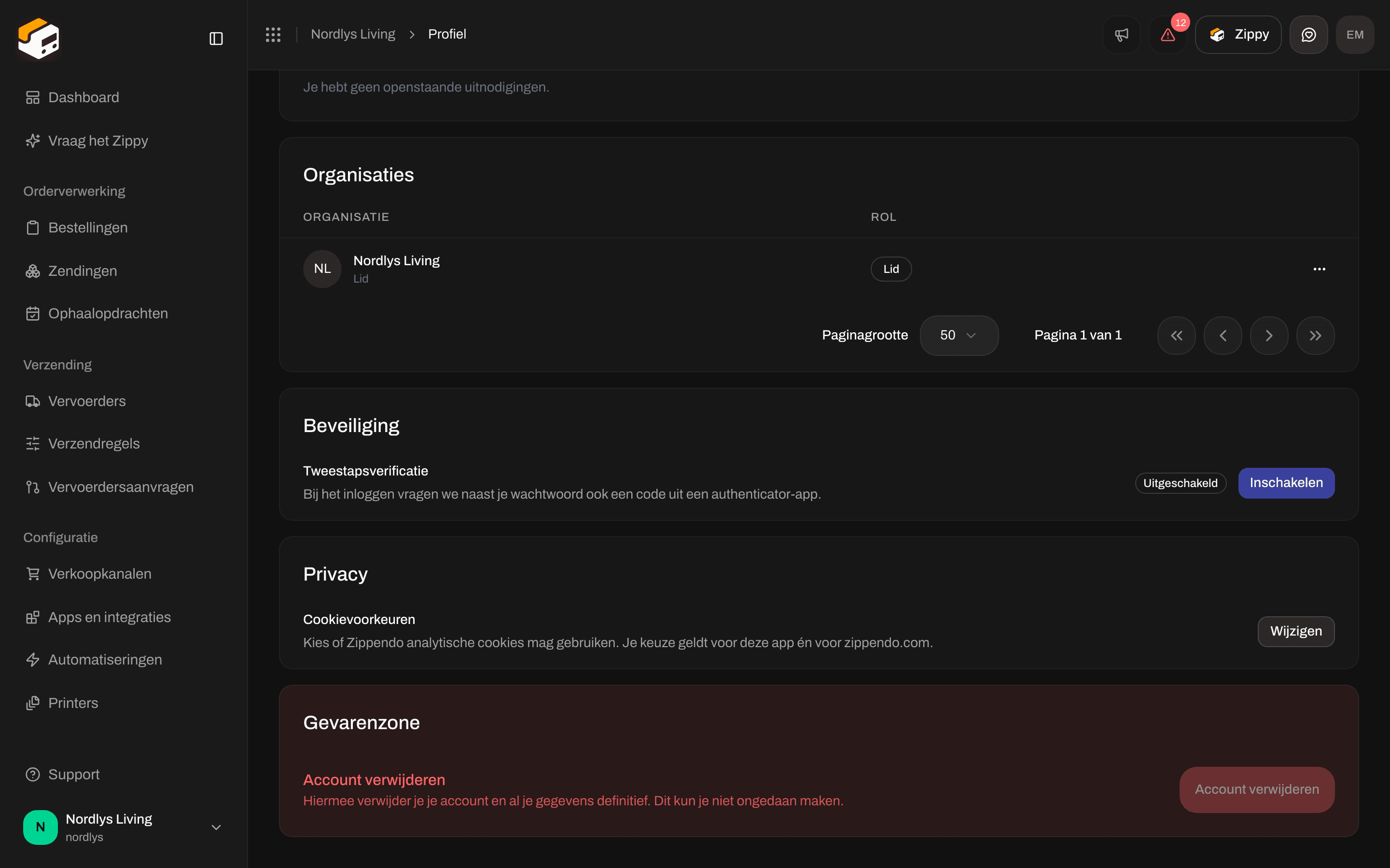 Gevarenzone met de kop Account verwijderen en een knop Account verwijderen die niet kan worden aangeklikt