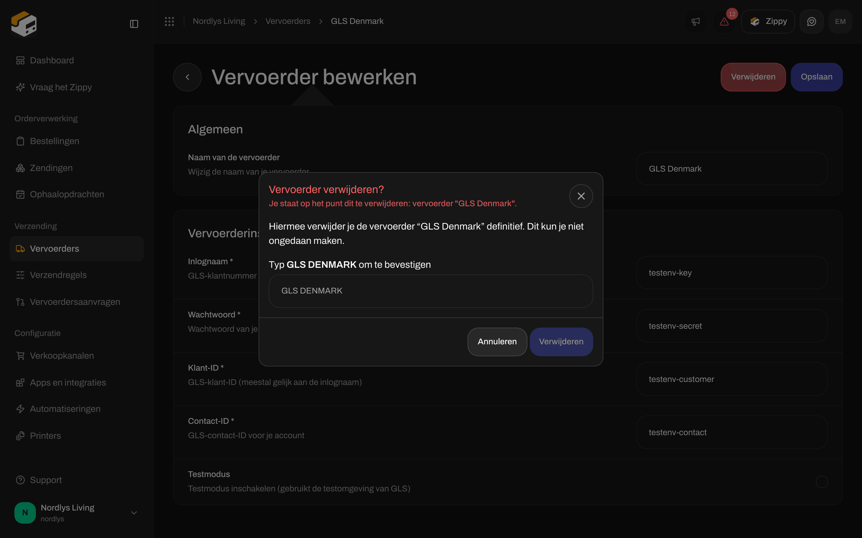 Venster Vervoerder verwijderen dat vraagt de naam van de vervoerder in hoofdletters te typen