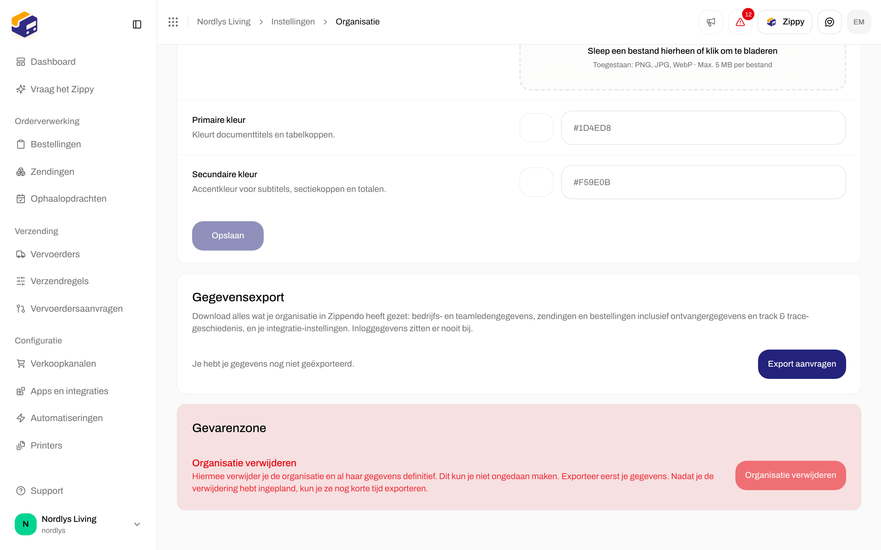 Kaart Gegevensexport met een statusregel en Export aanvragen