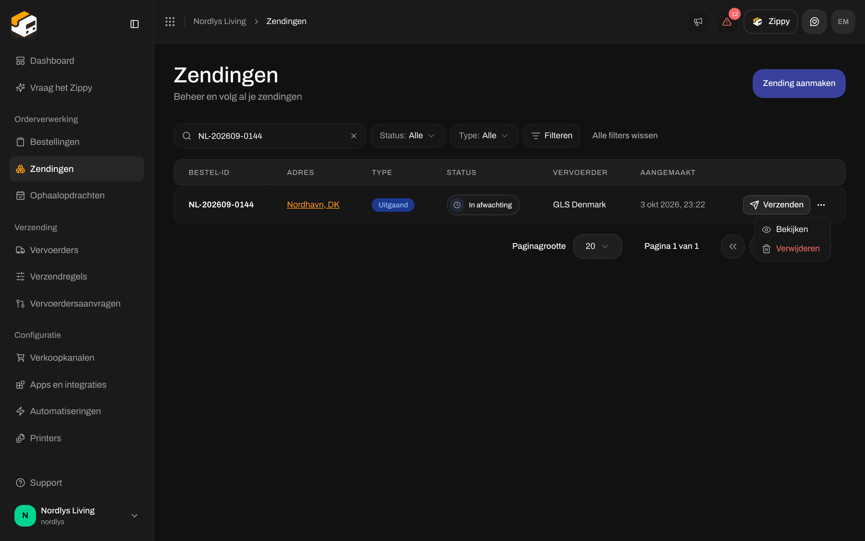 Rijmenu van de lijst Zendingen met Bekijken en Verwijderen