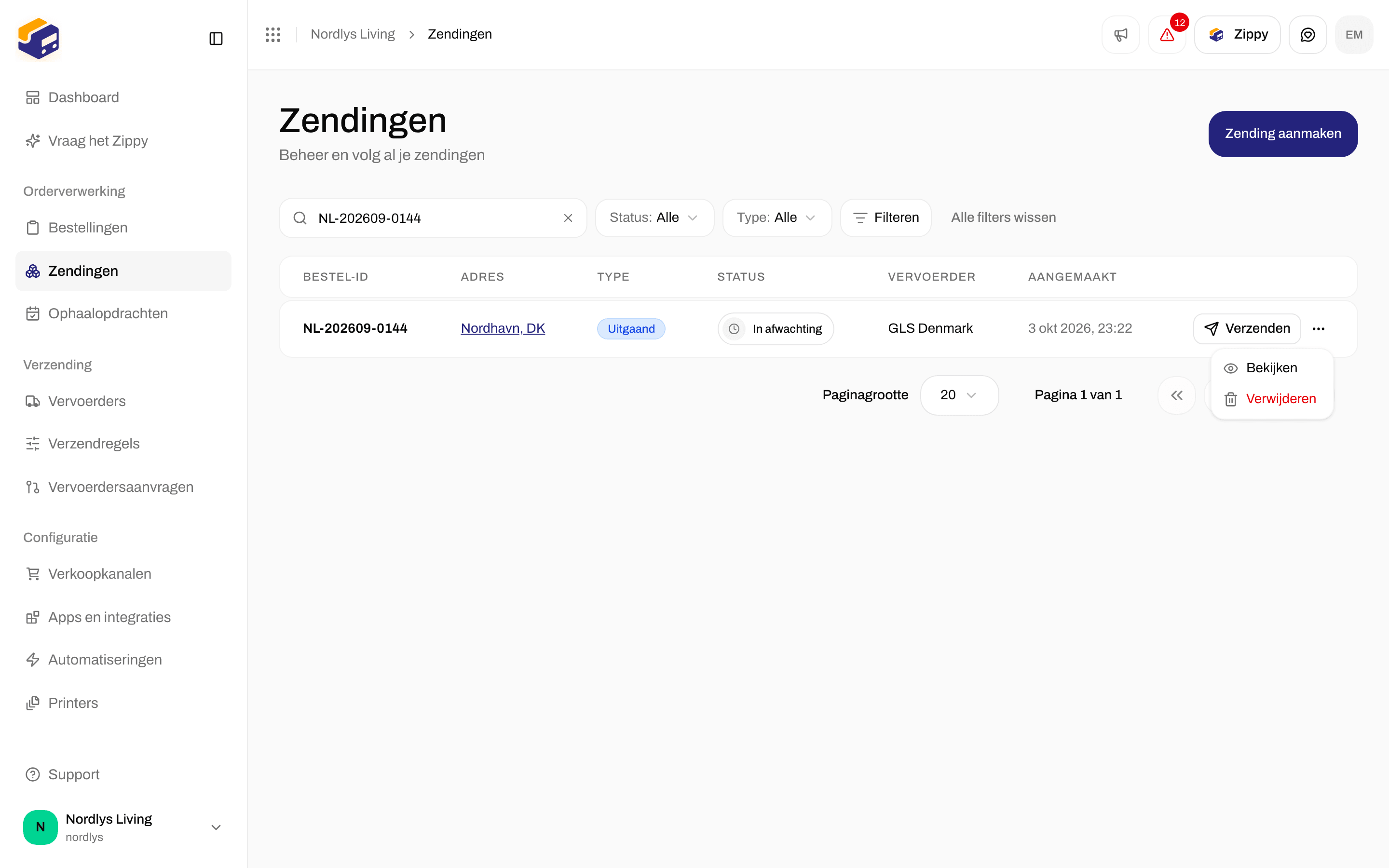 Rijmenu van de lijst Zendingen met Bekijken en Verwijderen