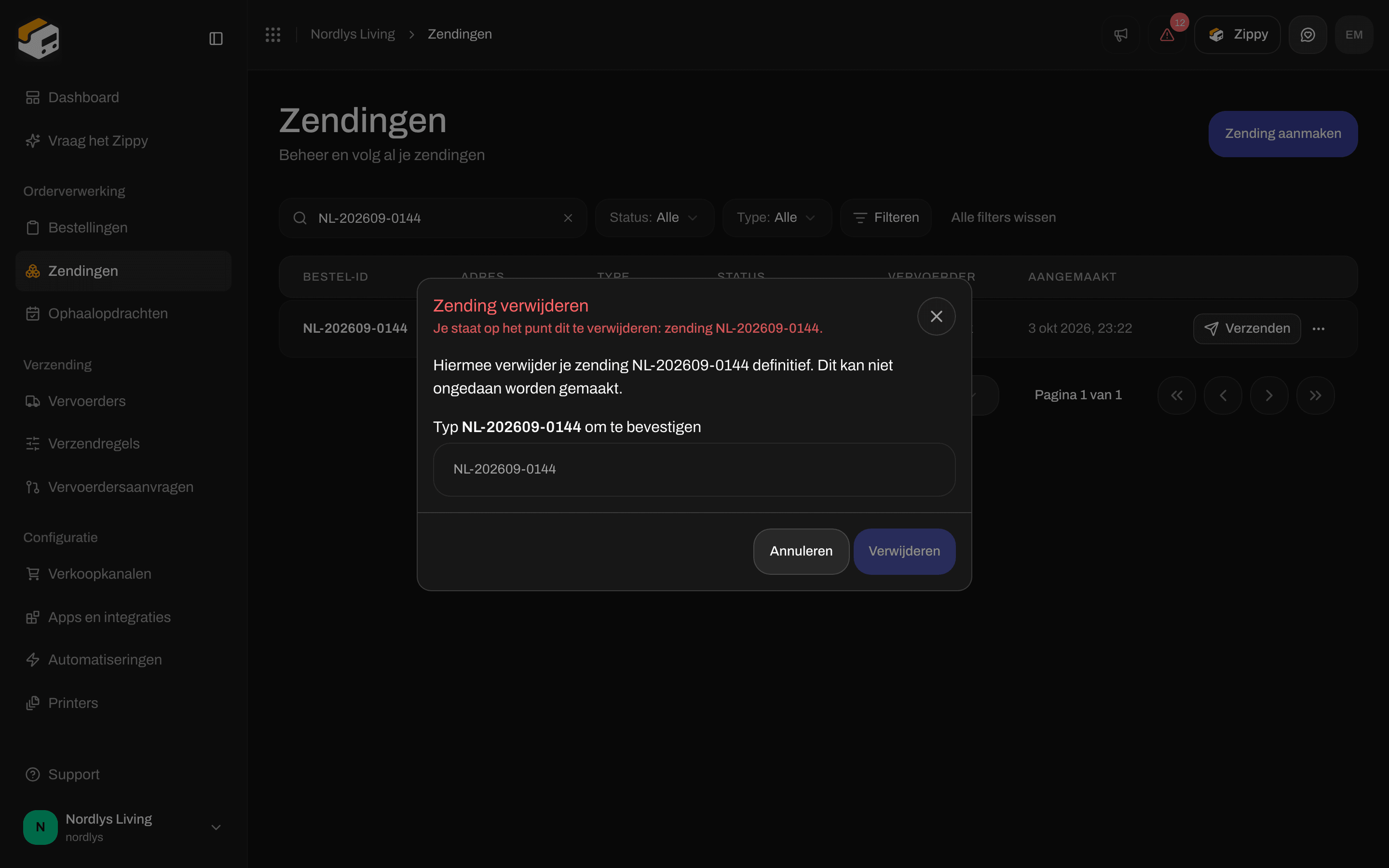 Bevestiging van Zending verwijderen met de vraag om de referentie van de zending te typen