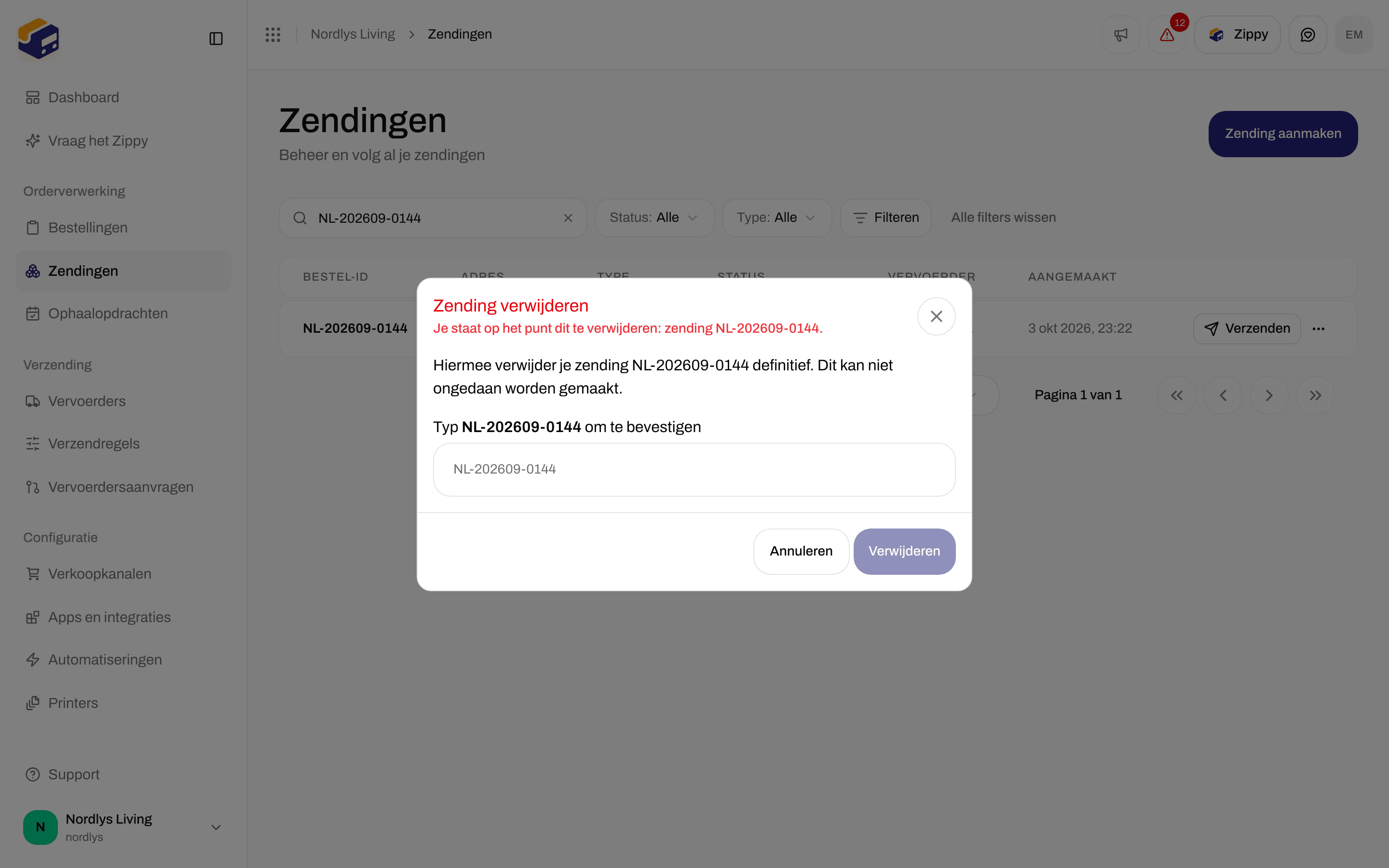 Bevestiging van Zending verwijderen met de vraag om de referentie van de zending te typen