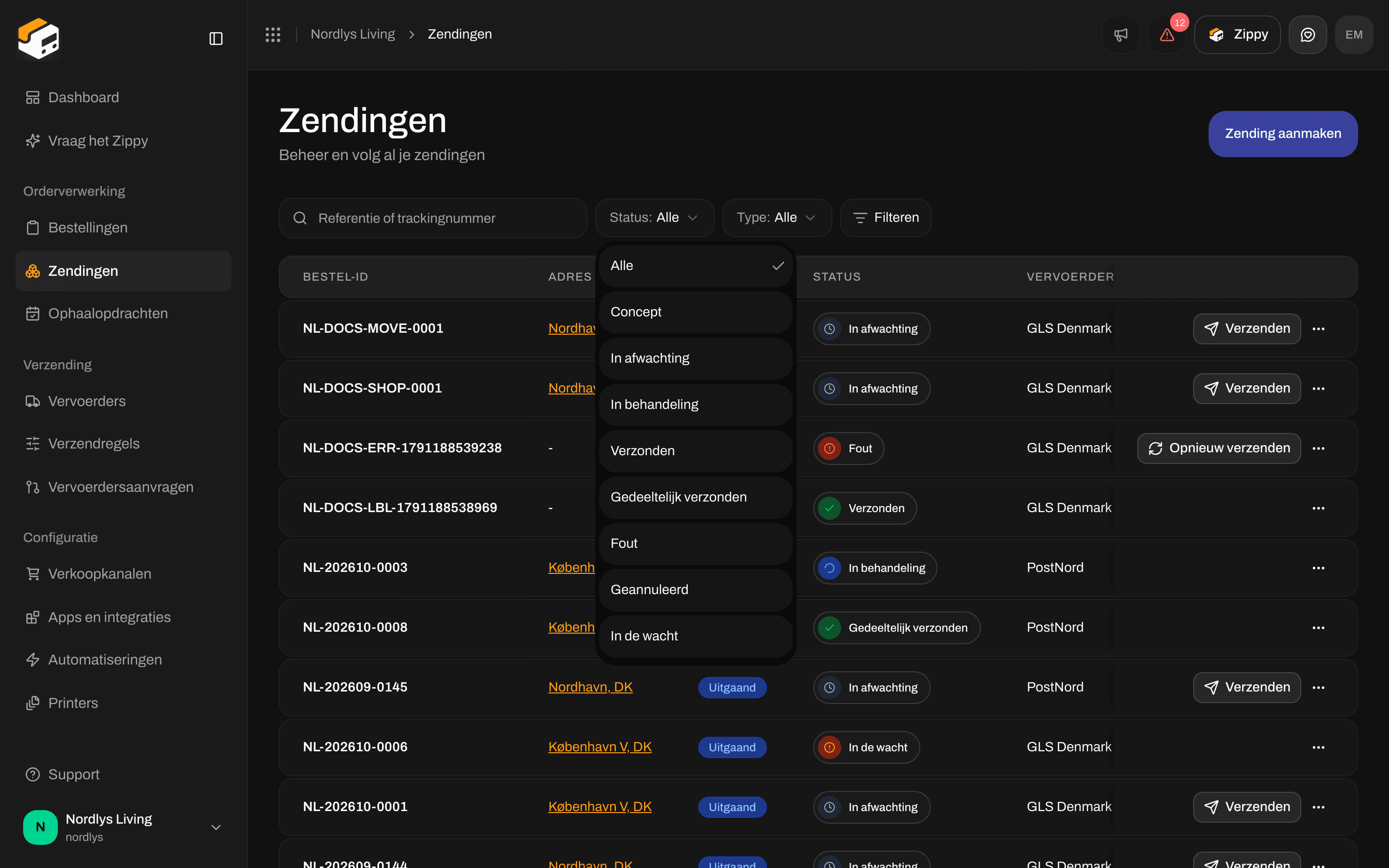 Filters met de opties van Status, waaronder Geannuleerd en In de wacht