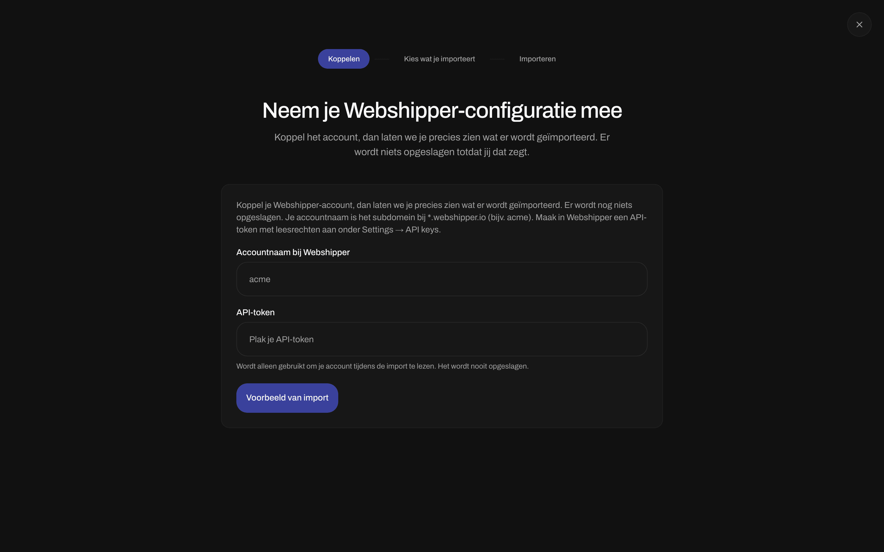 Importformulier met de accountnaam bij Webshipper, het API-token en Voorbeeld van import