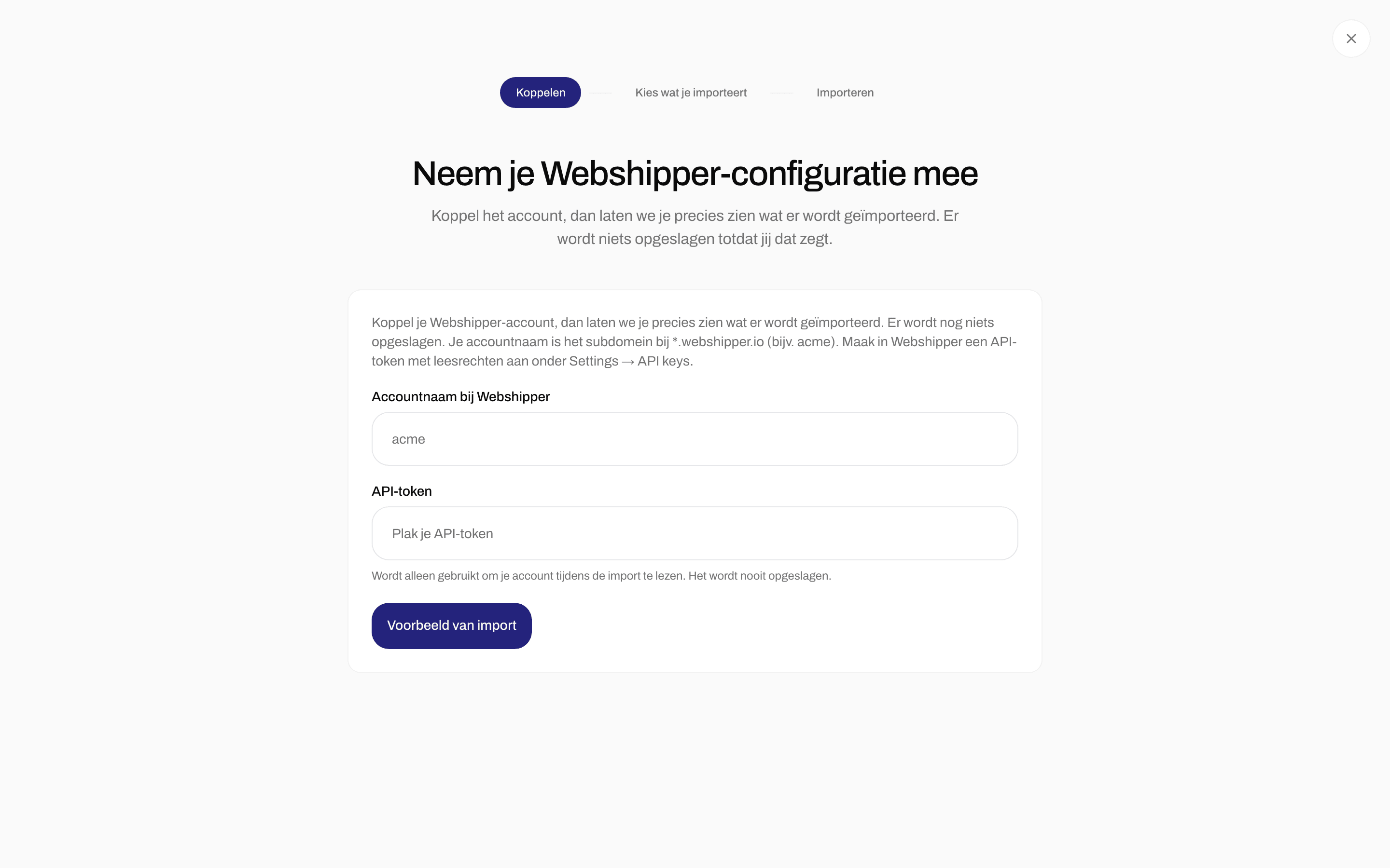 Importformulier met de accountnaam bij Webshipper, het API-token en Voorbeeld van import