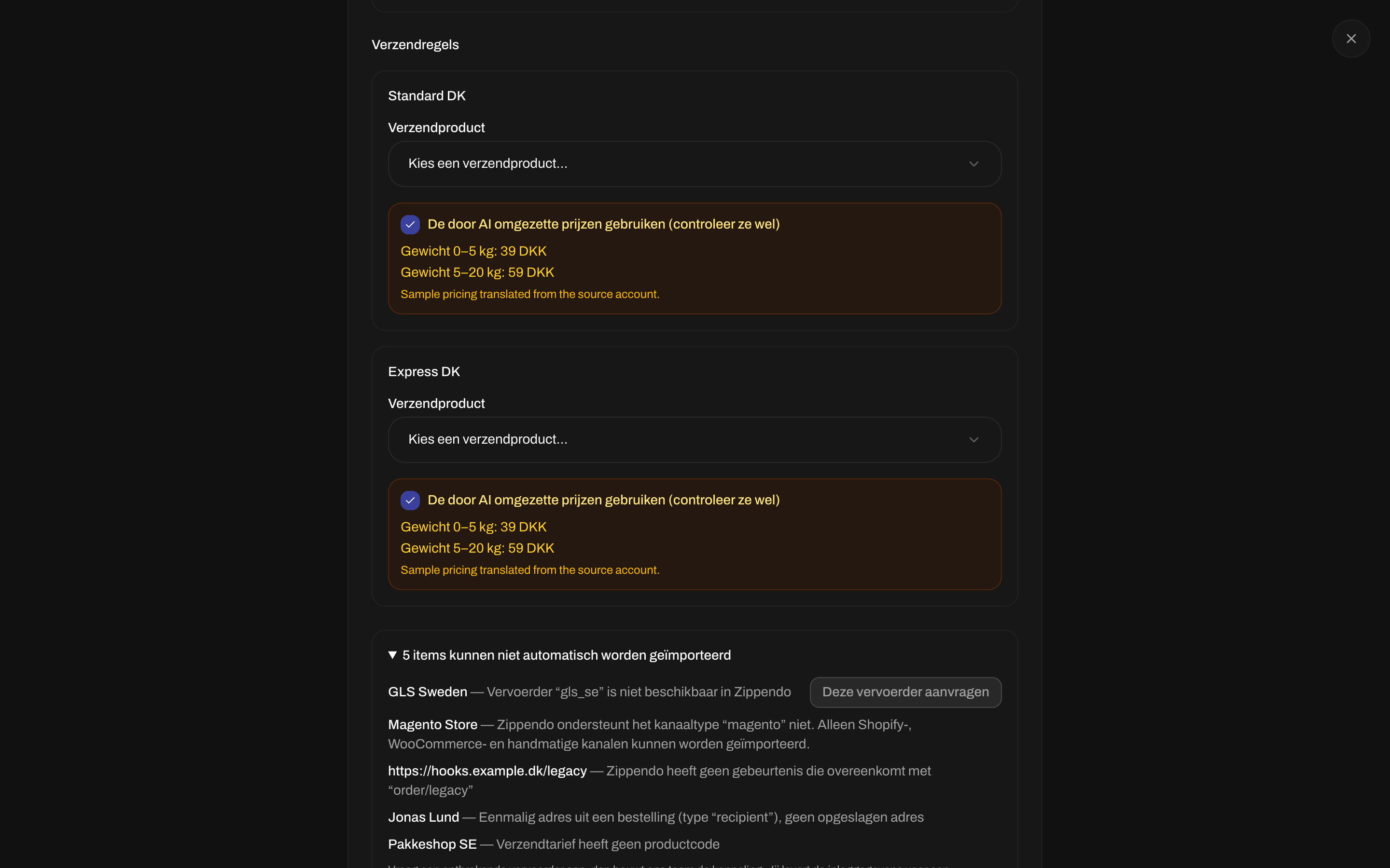 Lijst met items die niet automatisch kunnen worden geïmporteerd, met een knop Deze vervoerder aanvragen