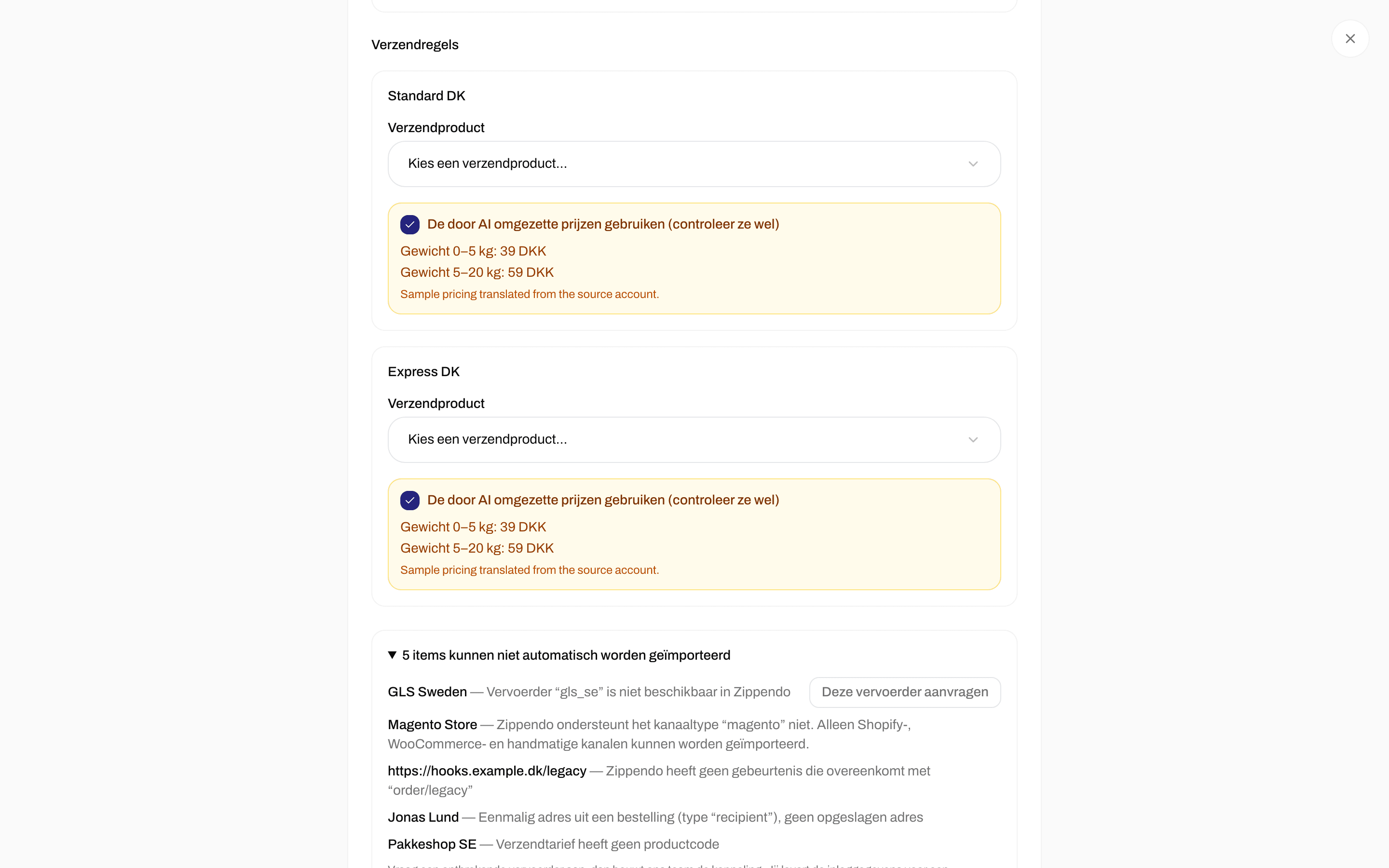 Lijst met items die niet automatisch kunnen worden geïmporteerd, met een knop Deze vervoerder aanvragen