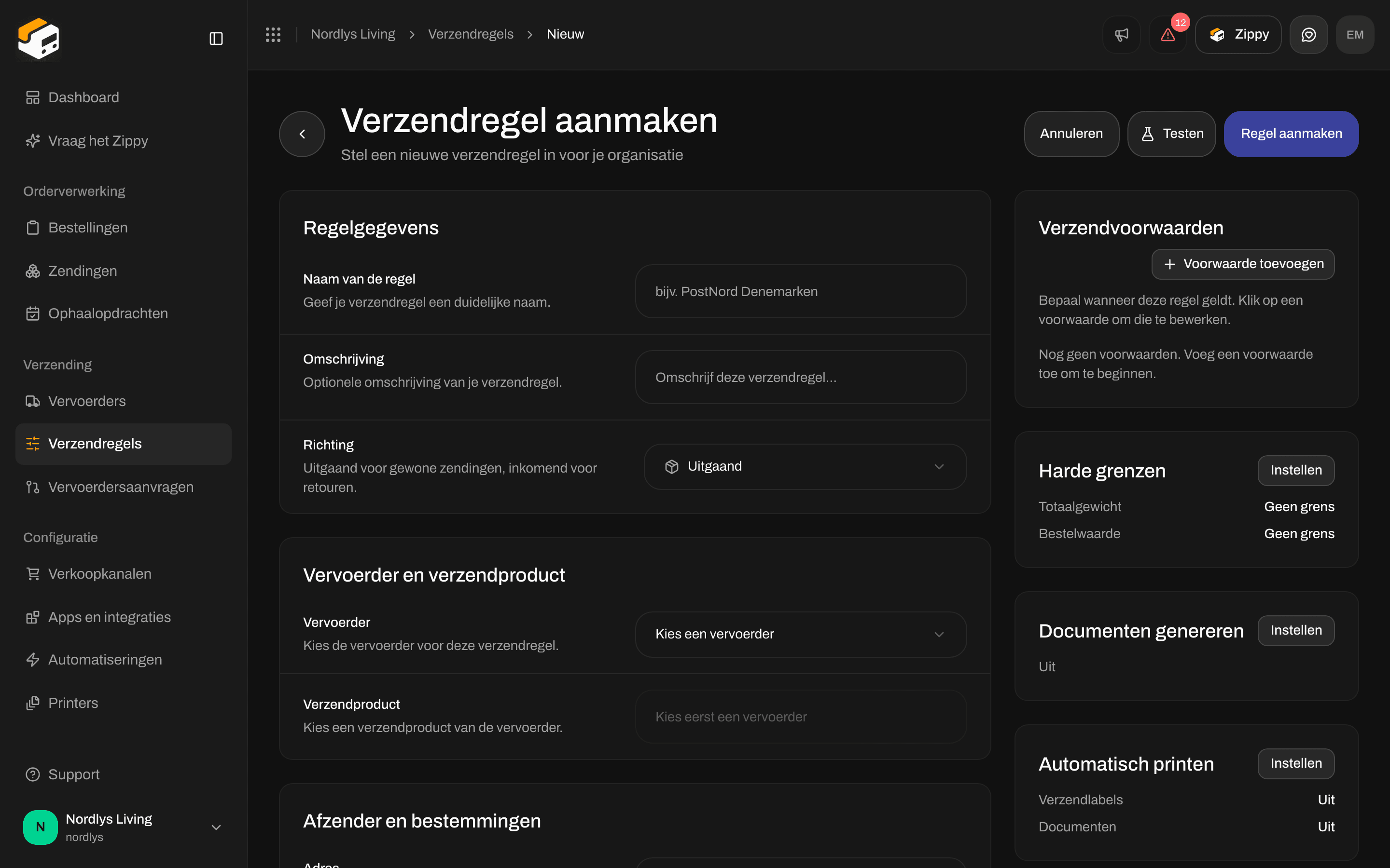 Verzendregel aanmaken met het veld Richting: uitgaand voor gewone zendingen, inkomend voor retouren