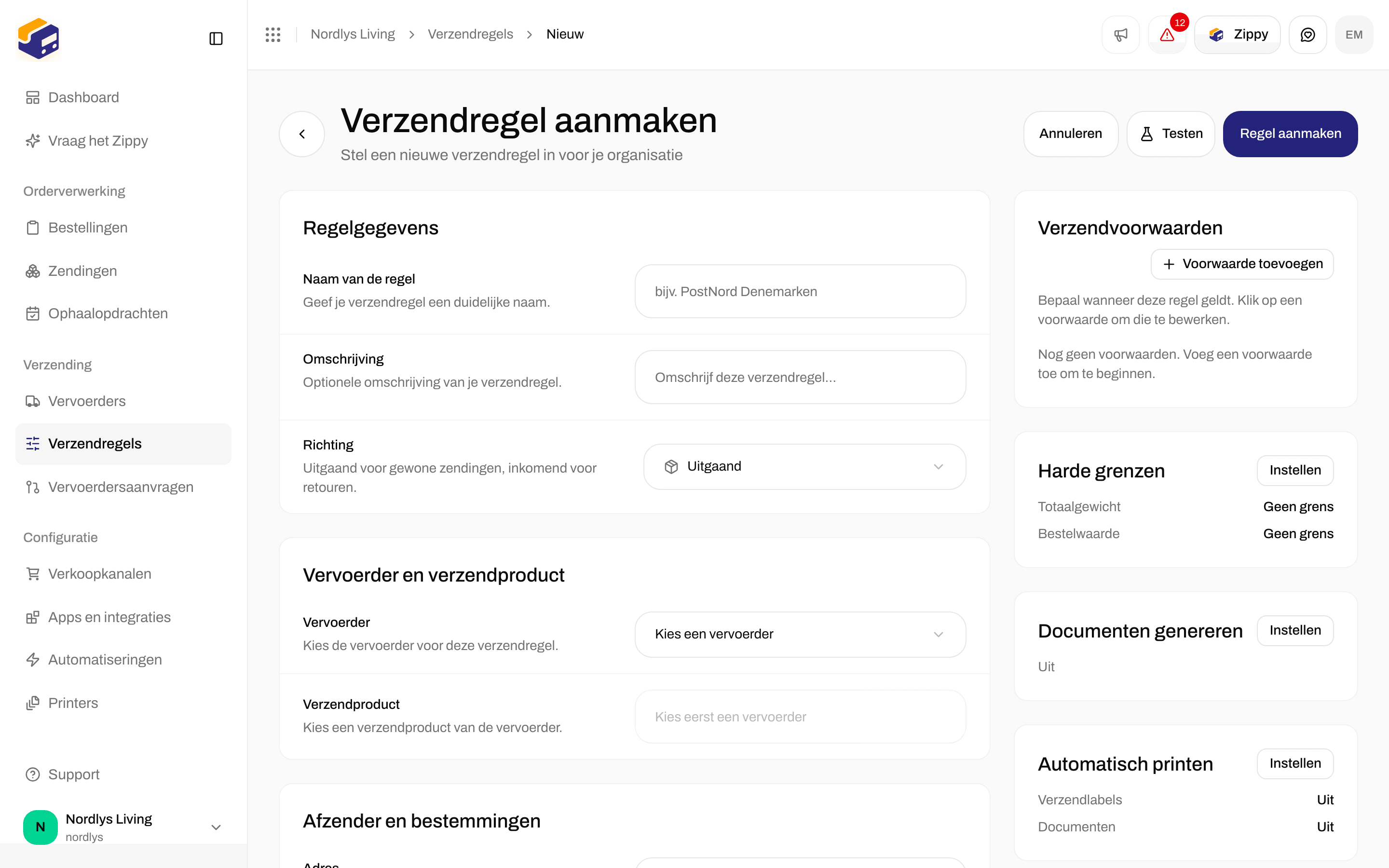 Verzendregel aanmaken met het veld Richting: uitgaand voor gewone zendingen, inkomend voor retouren