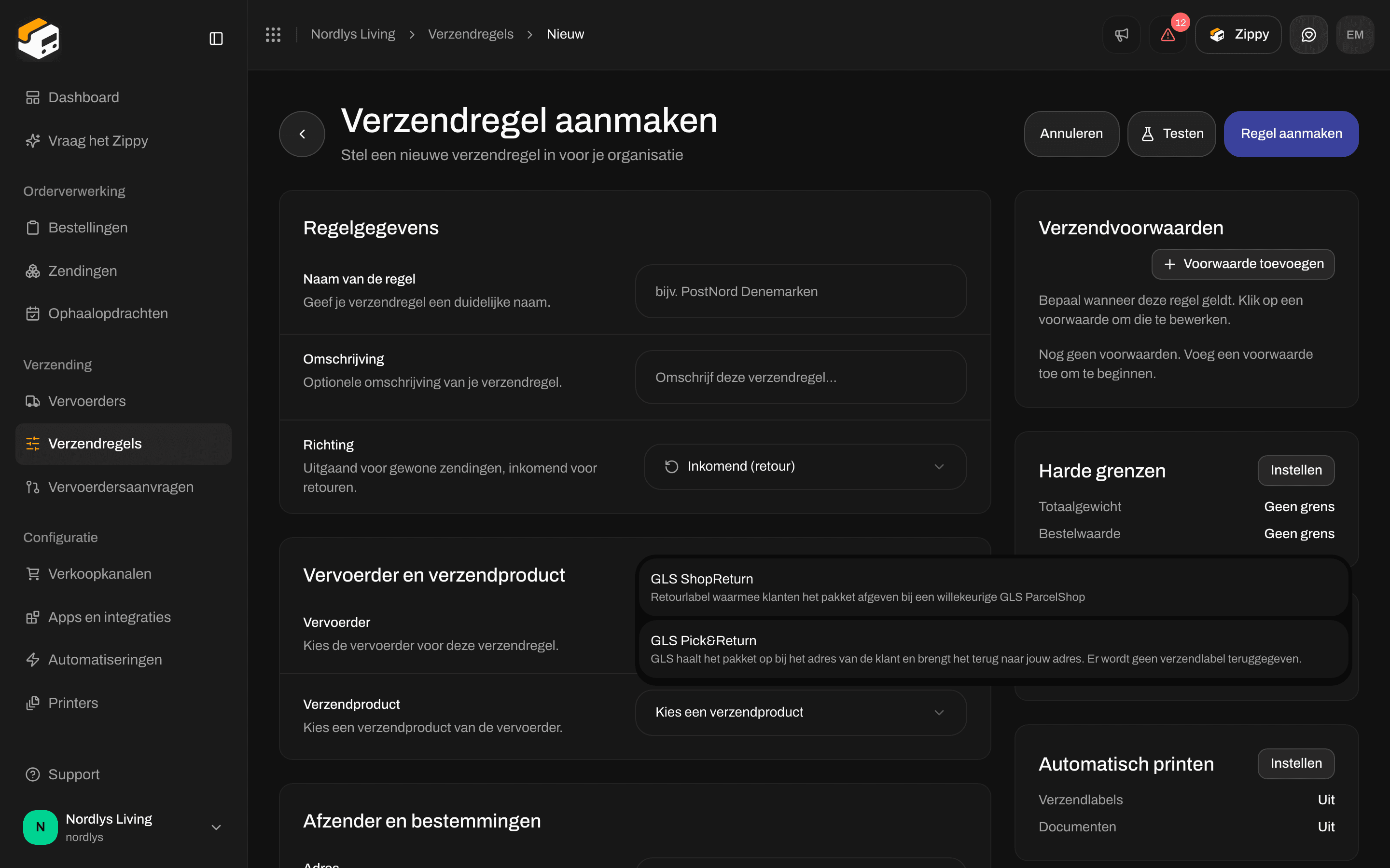 Lijst met verzendproducten met GLS ShopReturn en GLS Pick&Return voor een retourregel