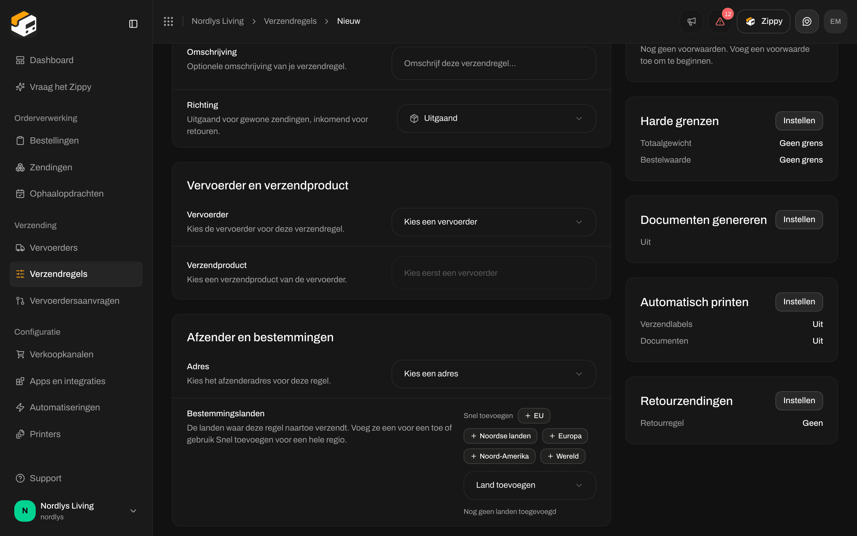 Gedeelte Retourzendingen met Verzendregel voor retouren ingesteld op Geen