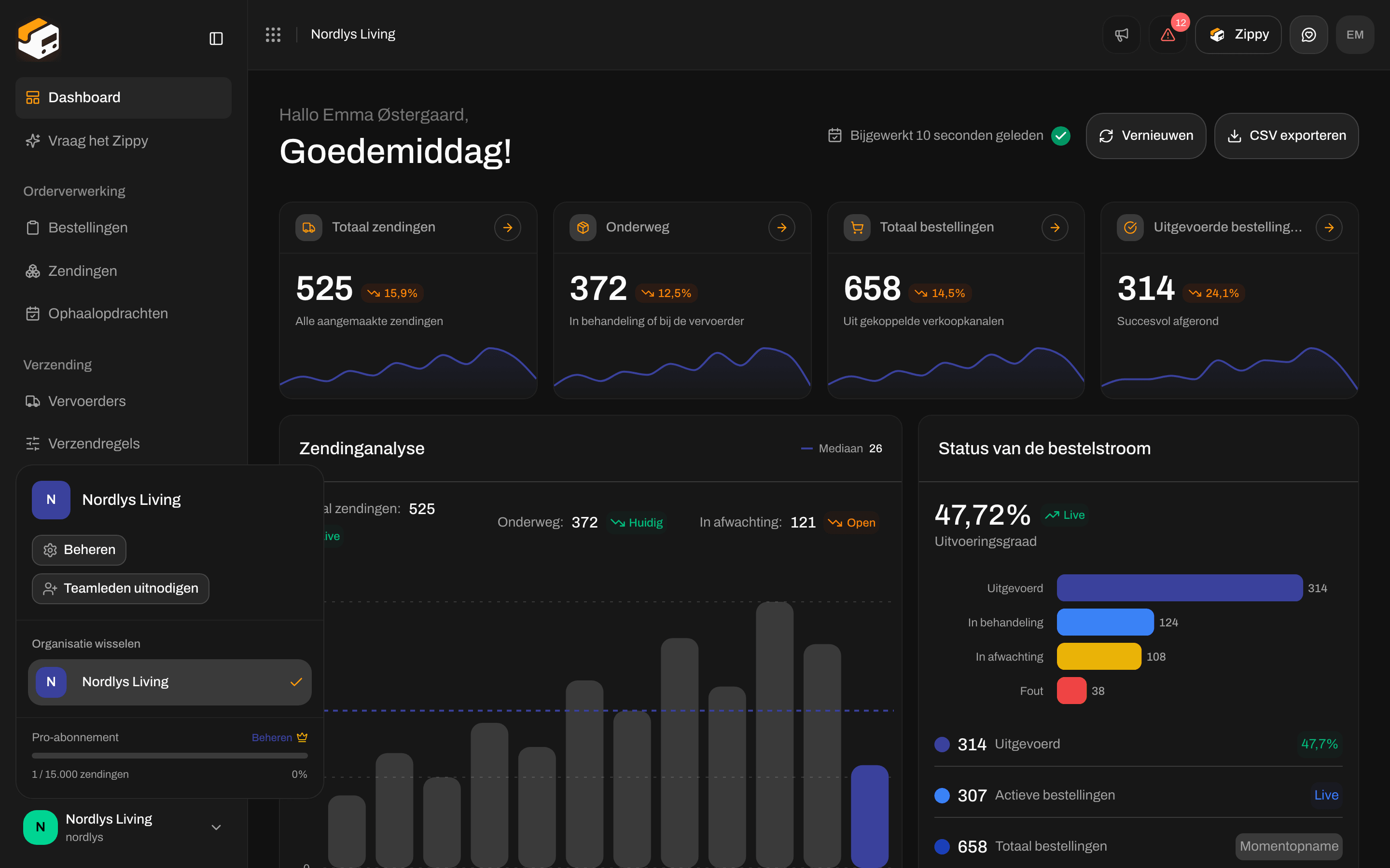 Organisatiewisselaar met Beheren en Teamleden uitnodigen