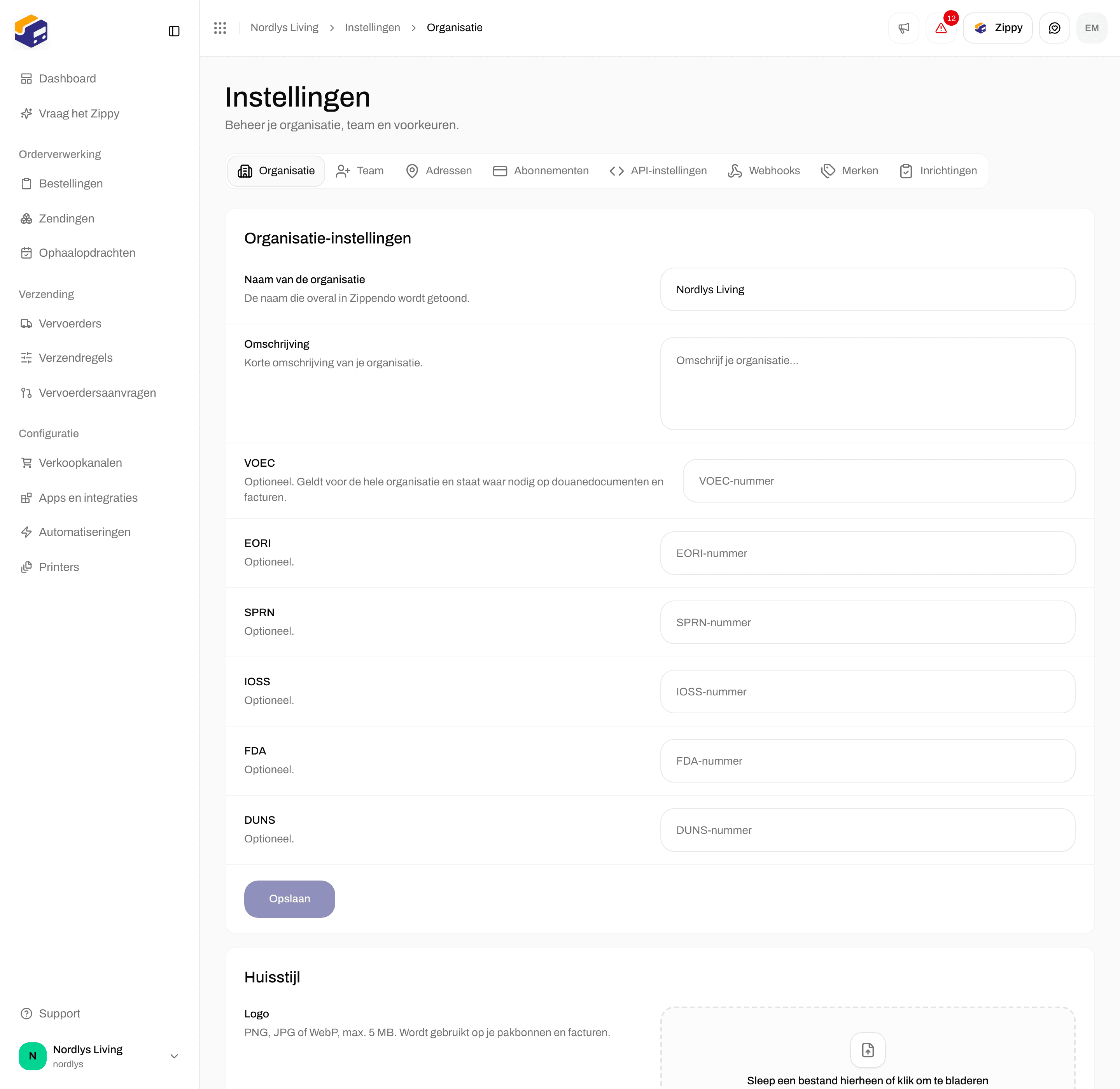 Organisatie-instellingen met Naam van de organisatie, Omschrijving, VOEC, EORI, SPRN en IOSS
