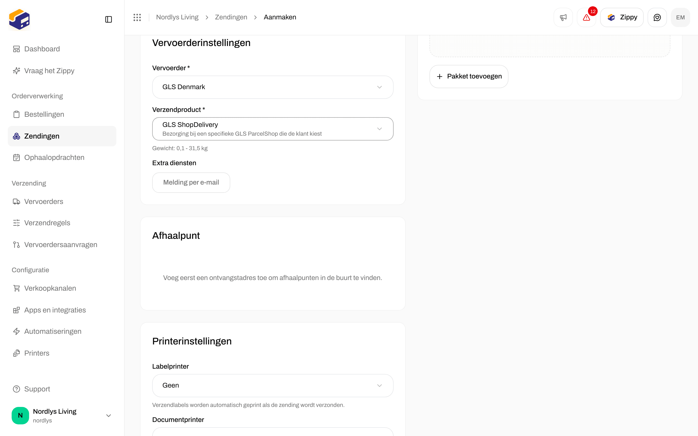 Zending aanmaken met GLS ShopDelivery gekozen en de kaart Afhaalpunt die eerst om een ontvangstadres vraagt