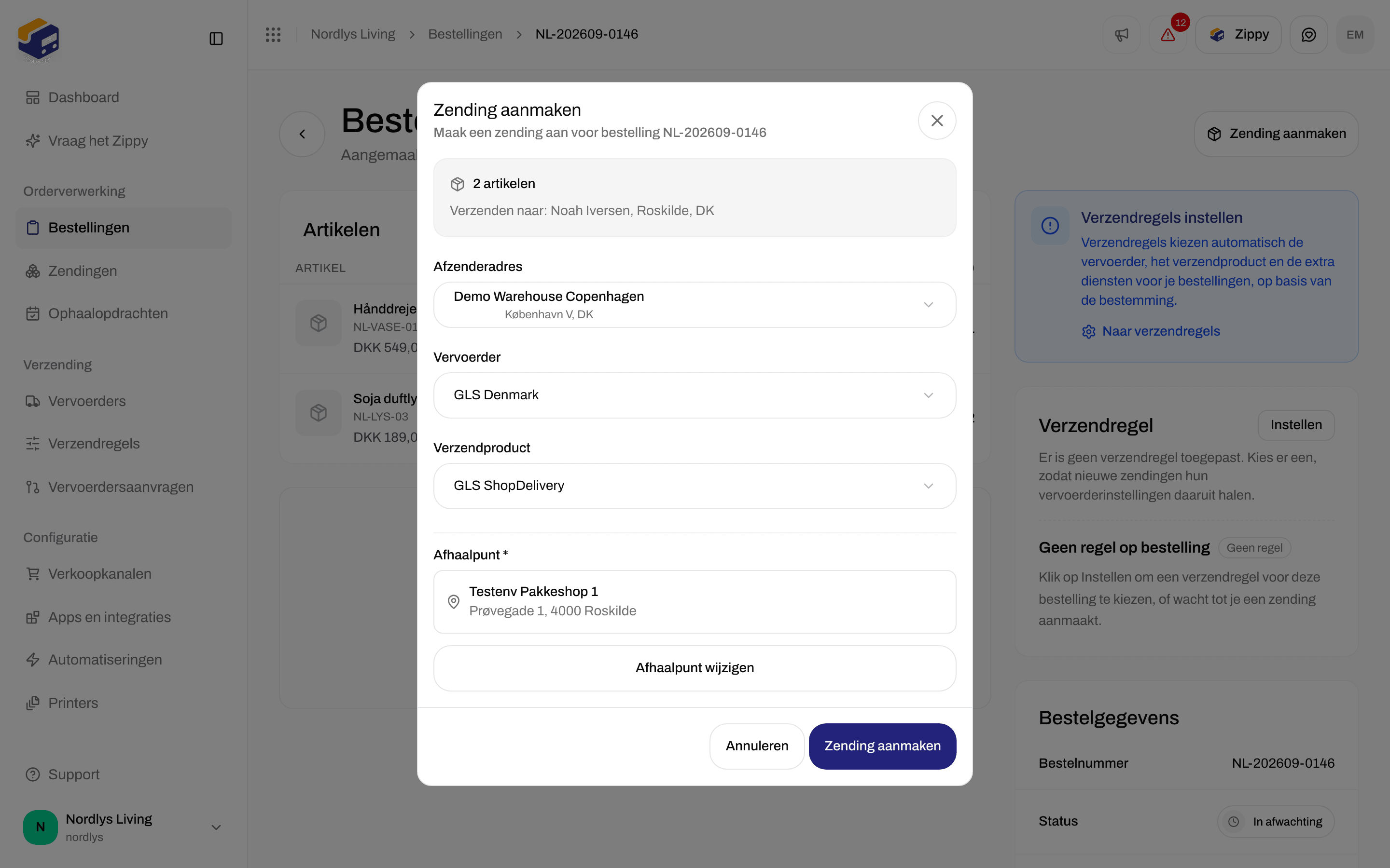 Venster Zending aanmaken met GLS ShopDelivery en een verplicht Afhaalpunt