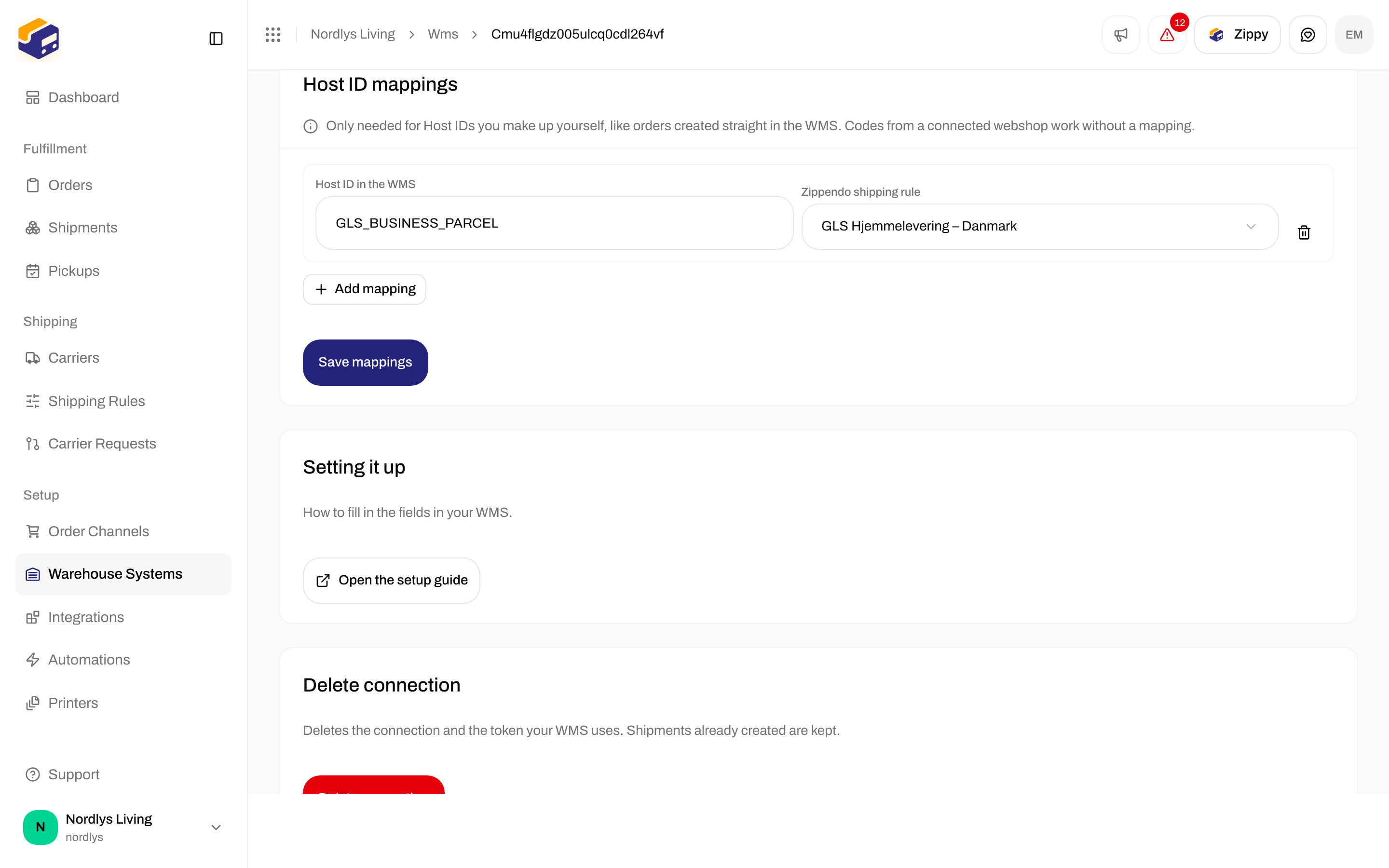 Host ID mappings card with a row mapping GLS_BUSINESS_PARCEL to the GLS Hjemmelevering – Danmark rule