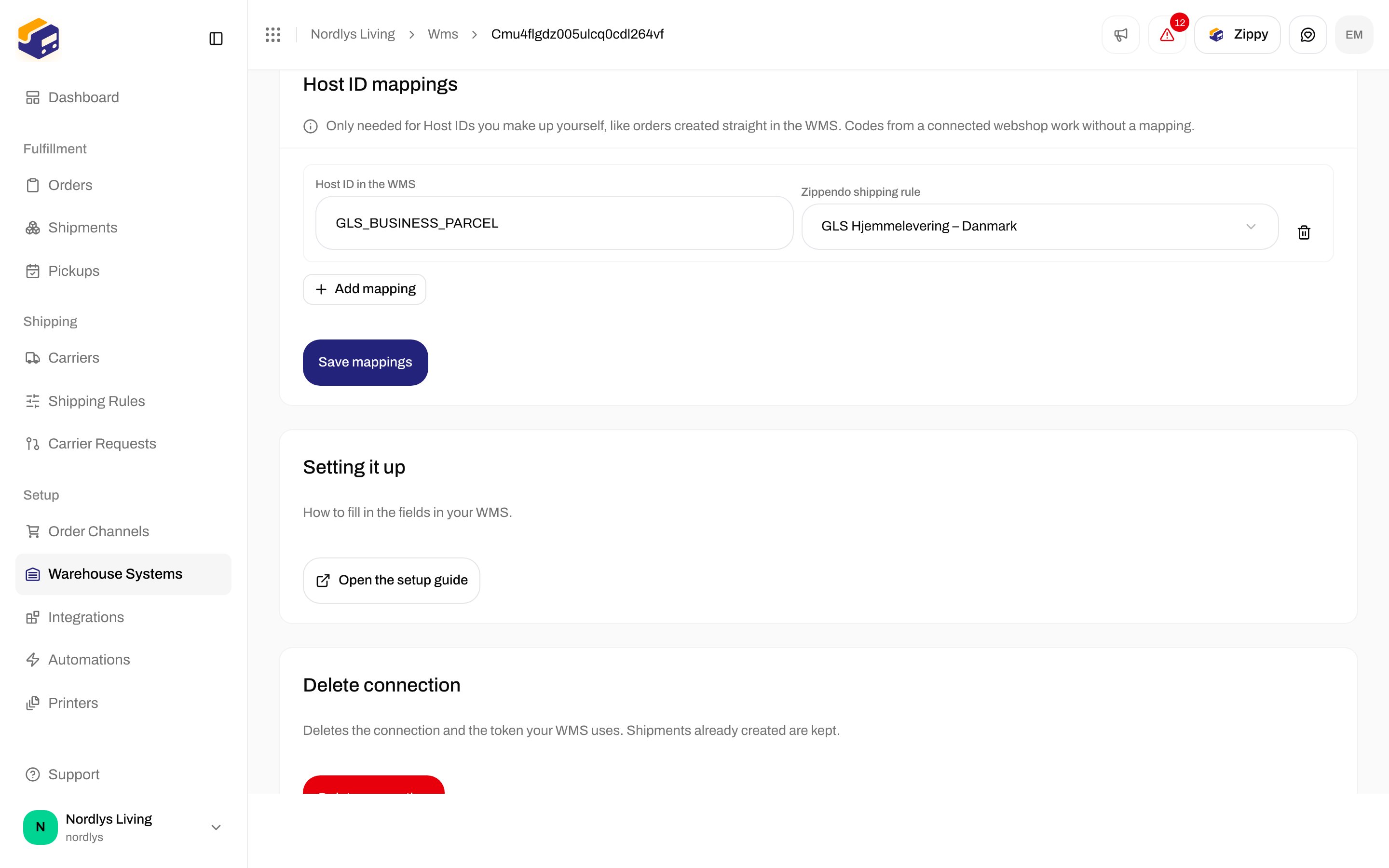 Host ID mappings card with a row mapping GLS_BUSINESS_PARCEL to the GLS Hjemmelevering – Danmark rule
