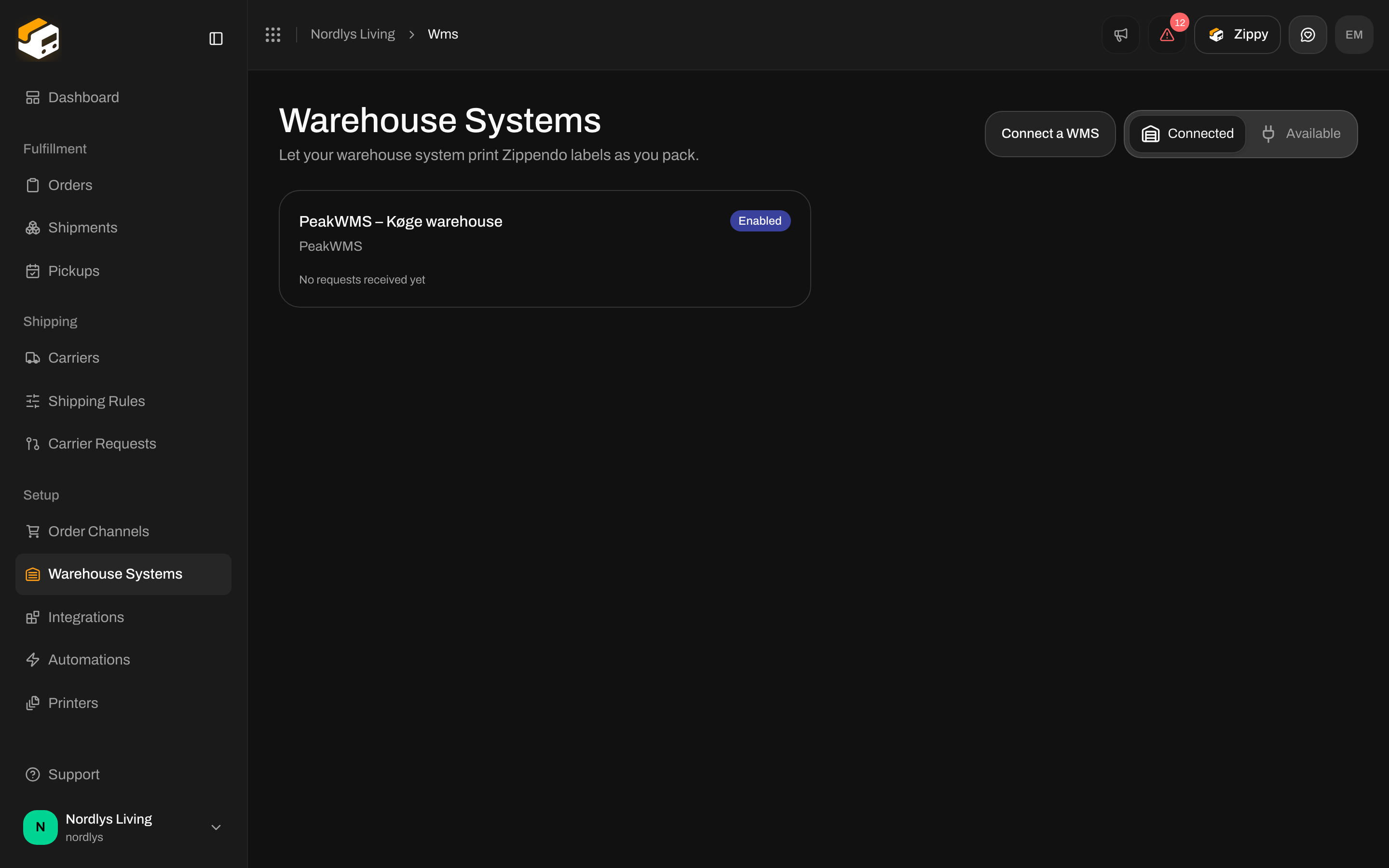 Warehouse Systems Connected tab with the PeakWMS – Køge warehouse connection card