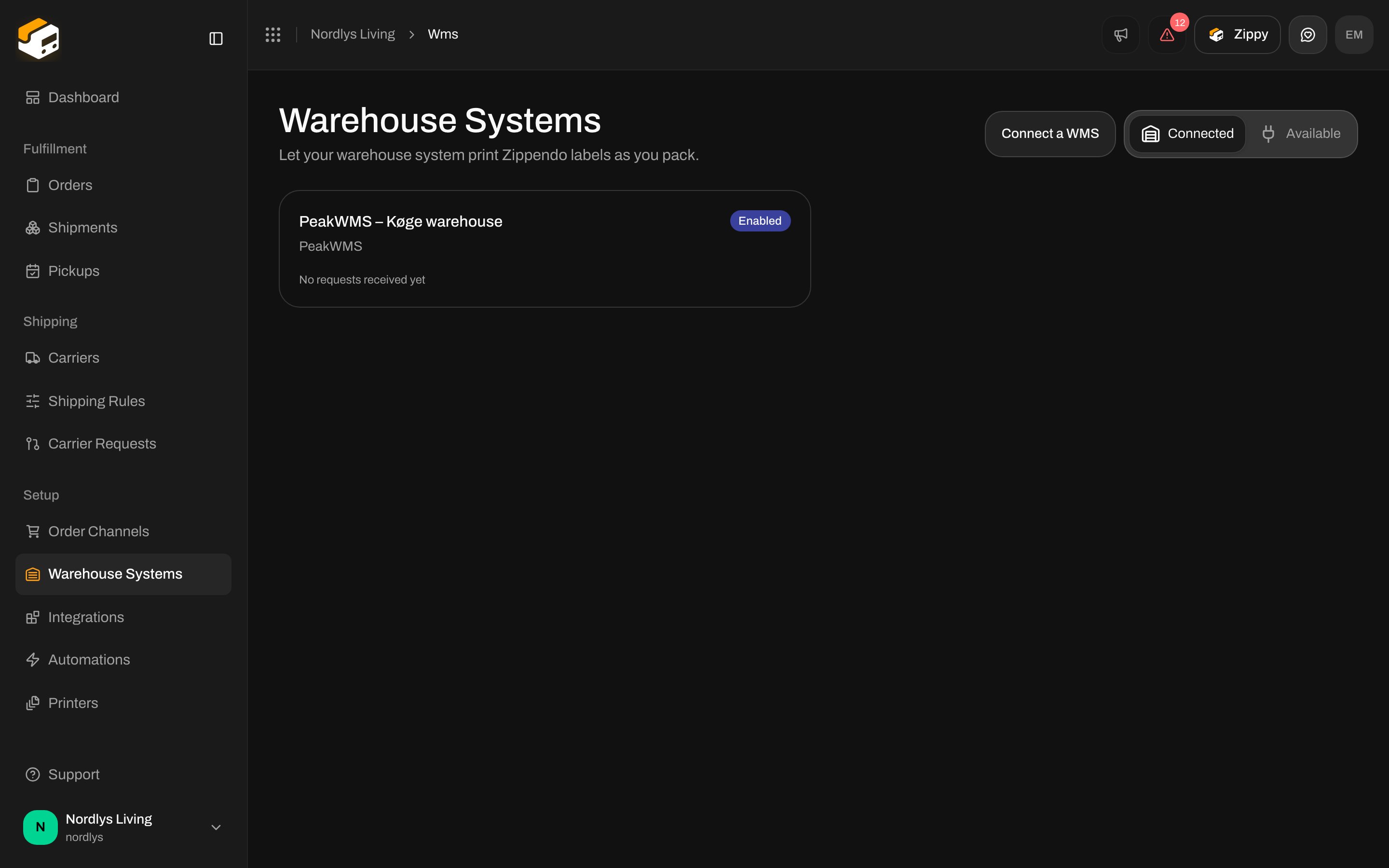Warehouse Systems Connected tab with the PeakWMS – Køge warehouse connection card