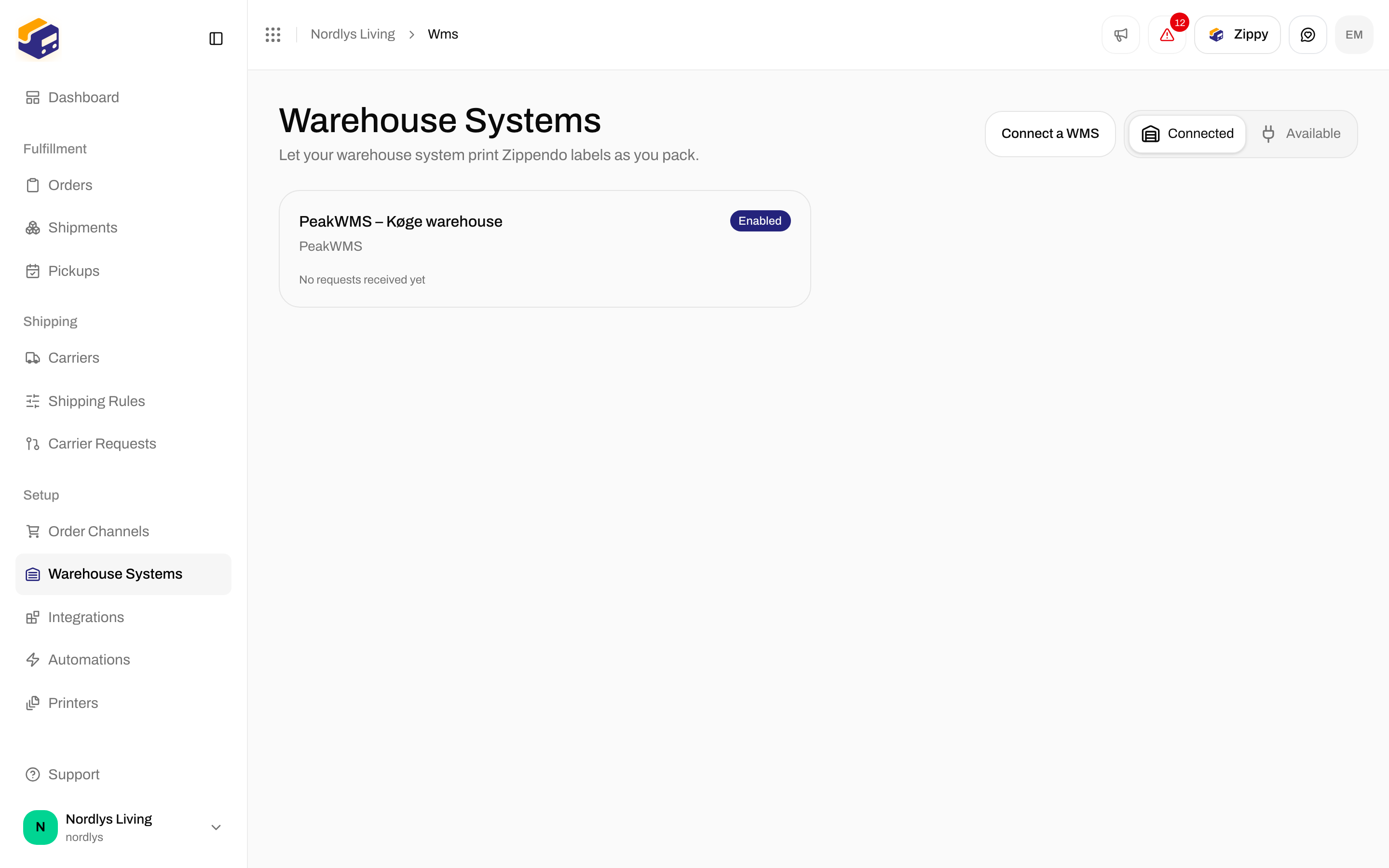 Warehouse Systems Connected tab with the PeakWMS – Køge warehouse connection card