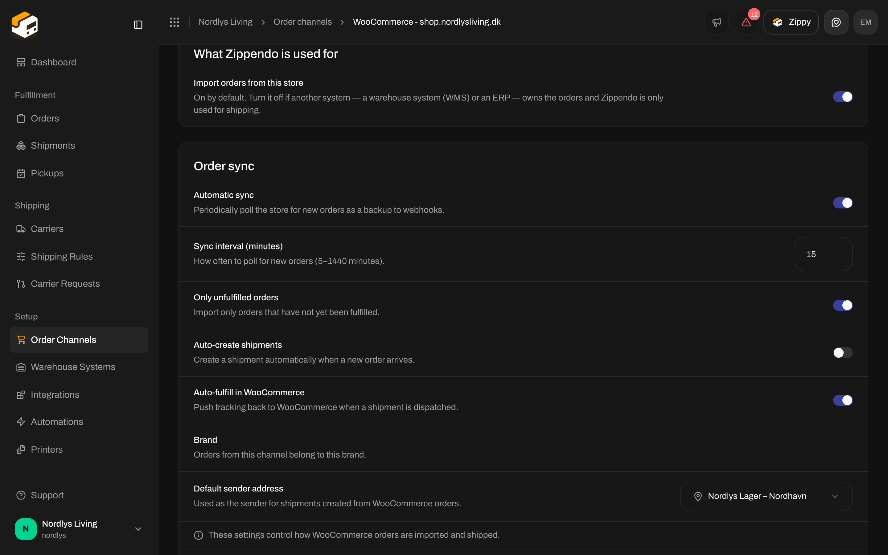 Order channel settings with the What Zippendo is used for section and the Import orders from this store switch