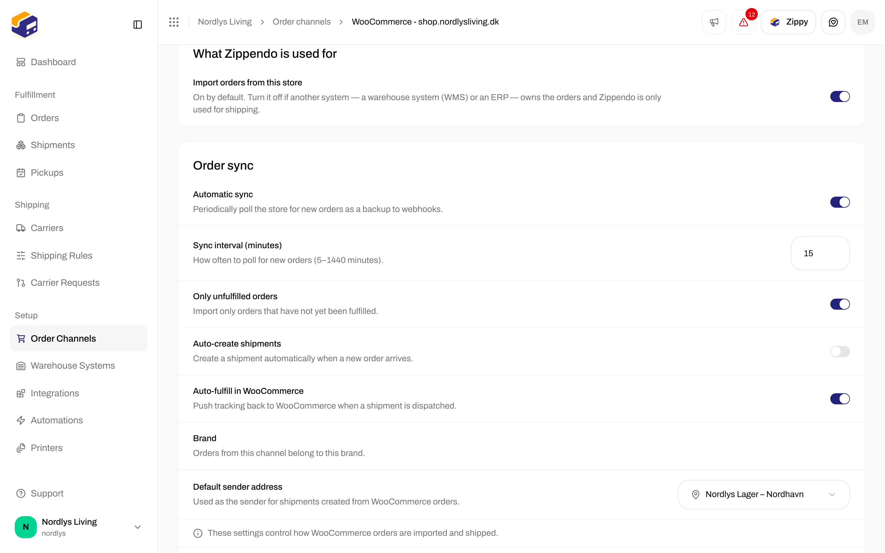 Order channel settings with the What Zippendo is used for section and the Import orders from this store switch