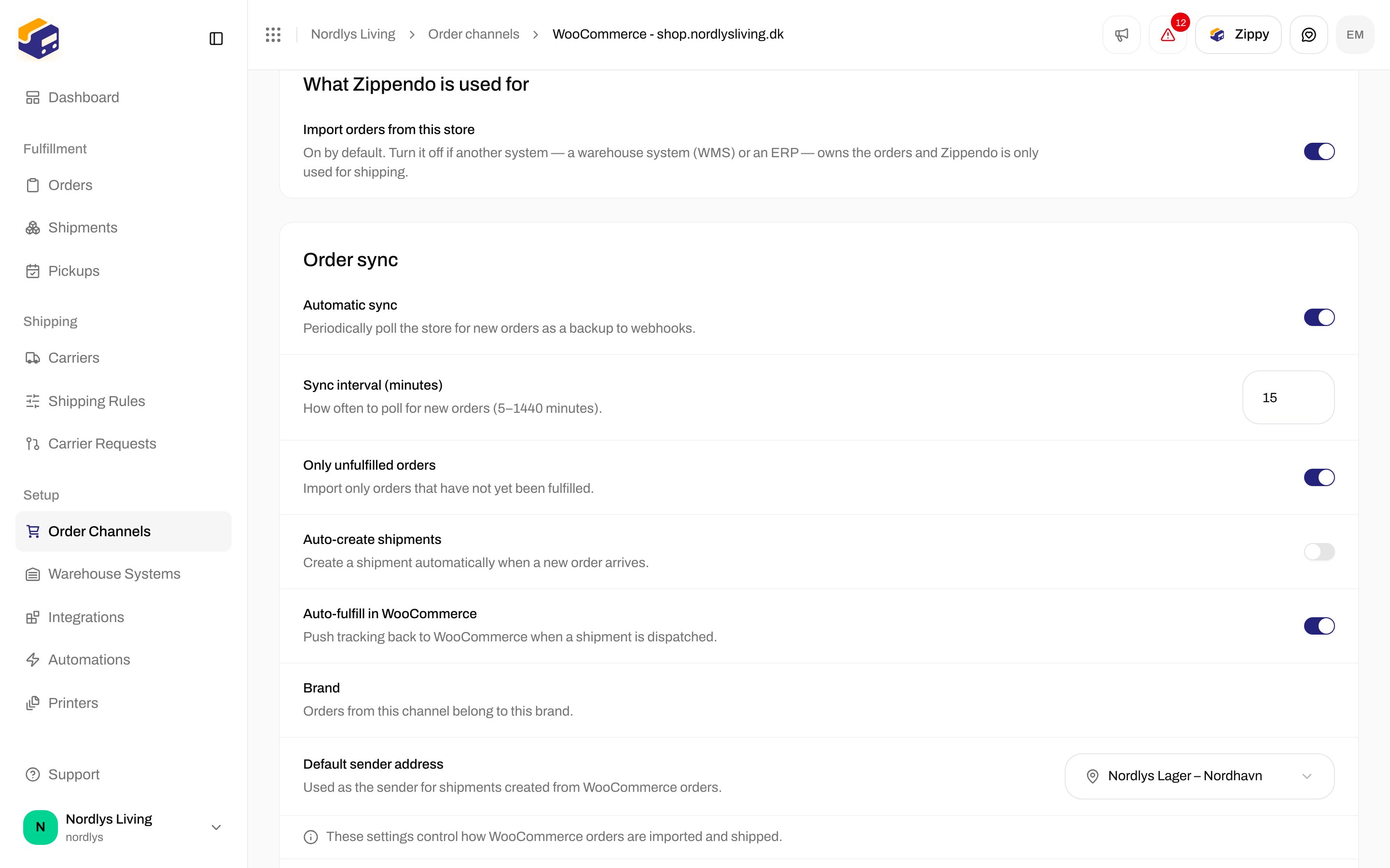 Order channel settings with the What Zippendo is used for section and the Import orders from this store switch