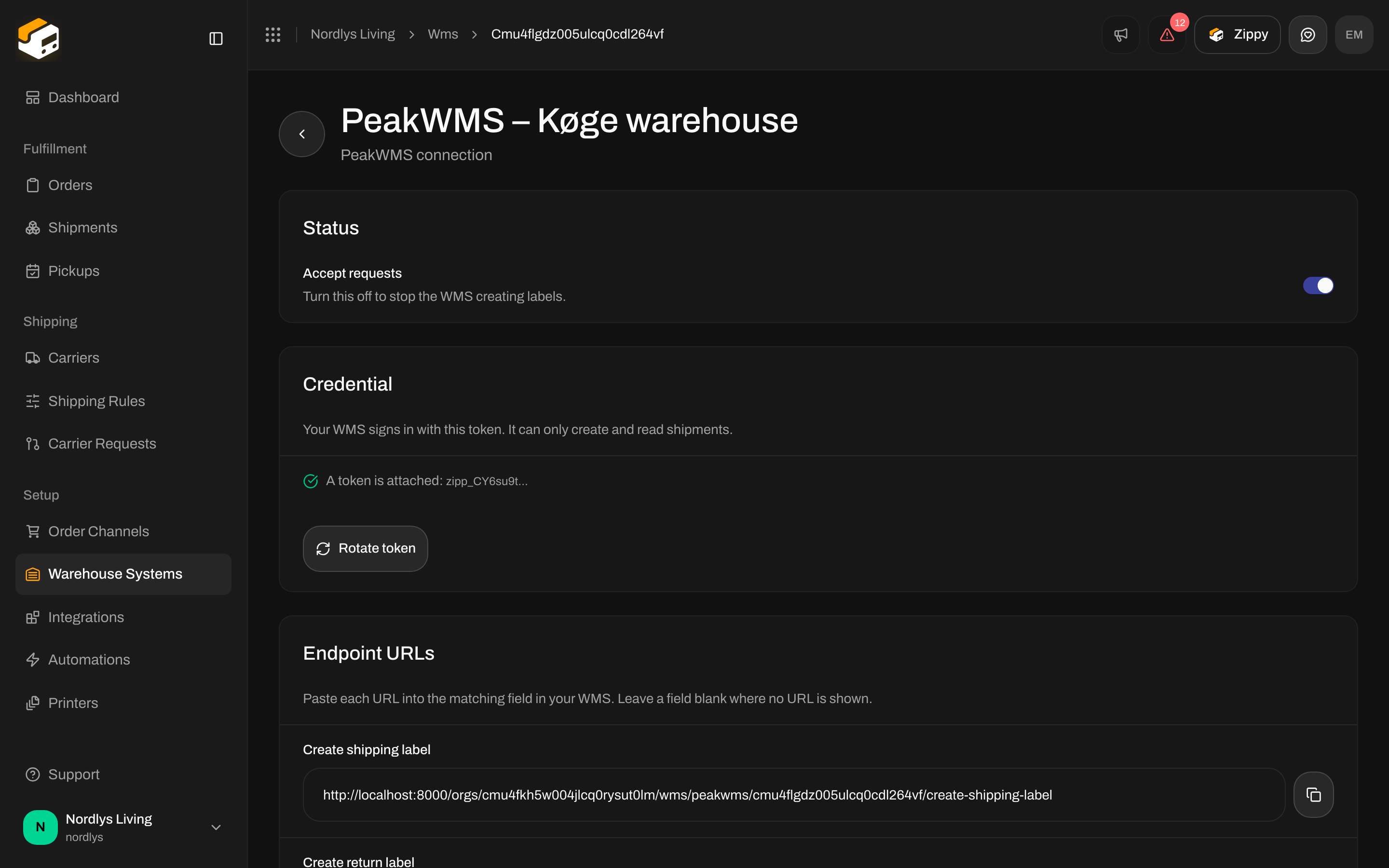Connection page with the Status card and the Accept requests switch turned on