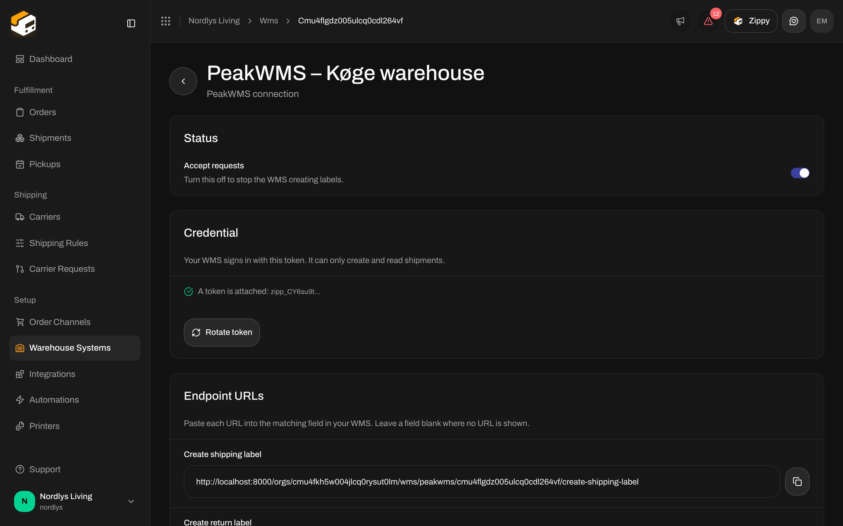 Connection page with the Status card and the Accept requests switch turned on