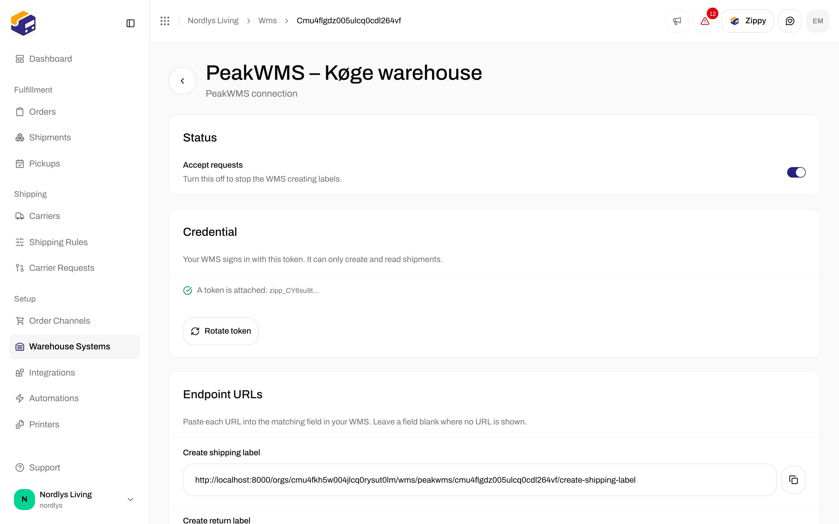 Connection page with the Status card and the Accept requests switch turned on