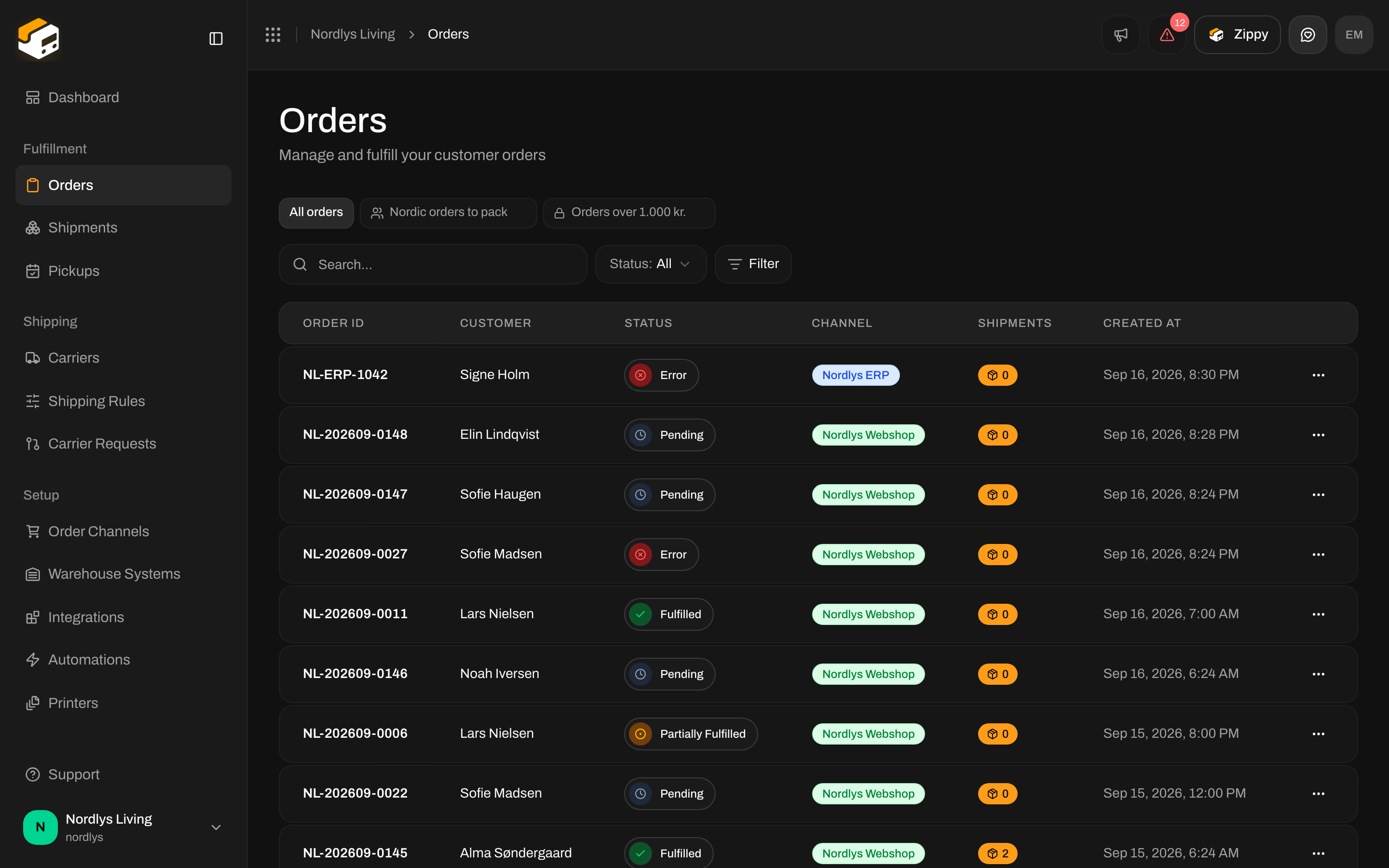 Orders list with search, status and Filter controls above the table