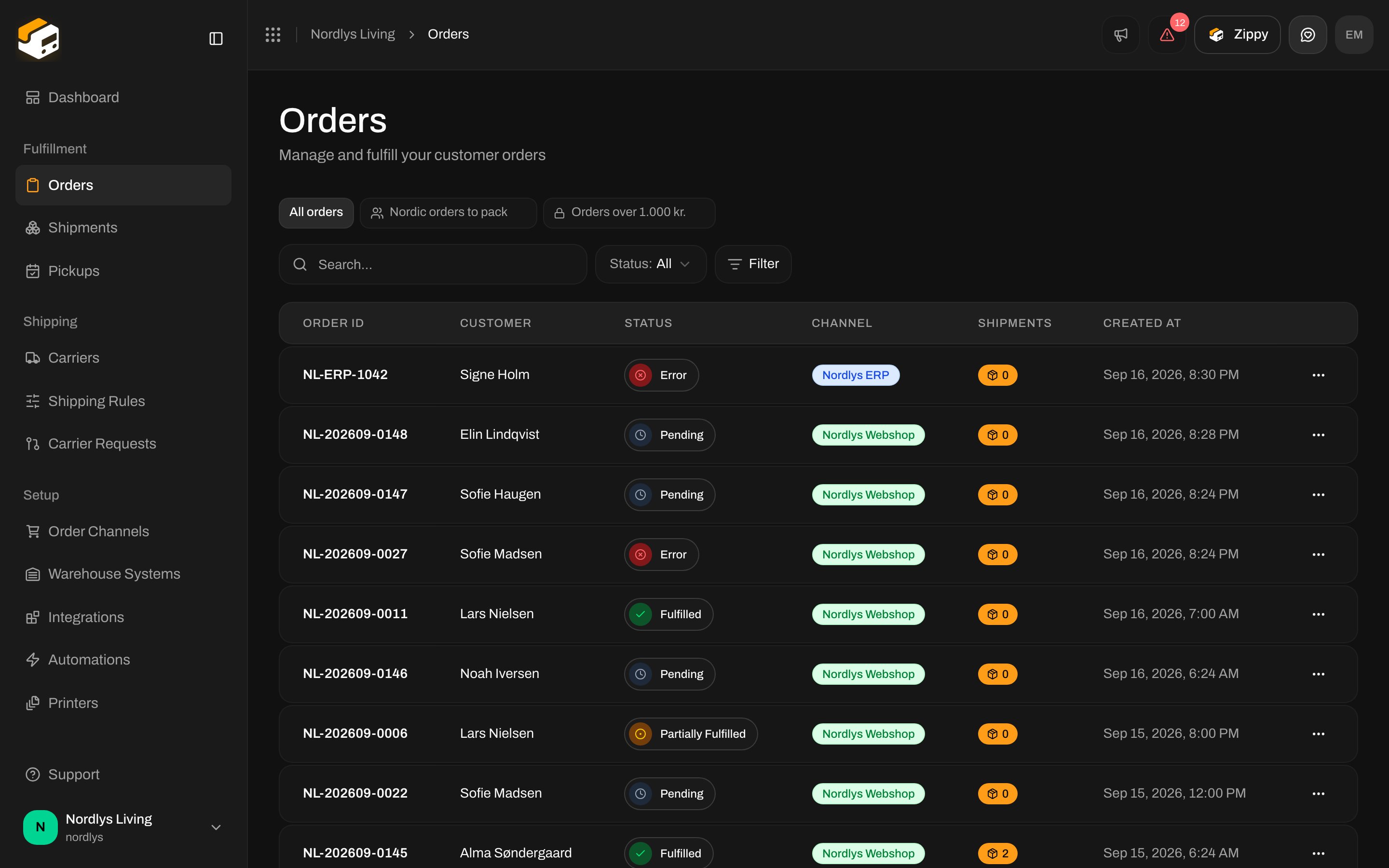 Orders list with search, status and Filter controls above the table