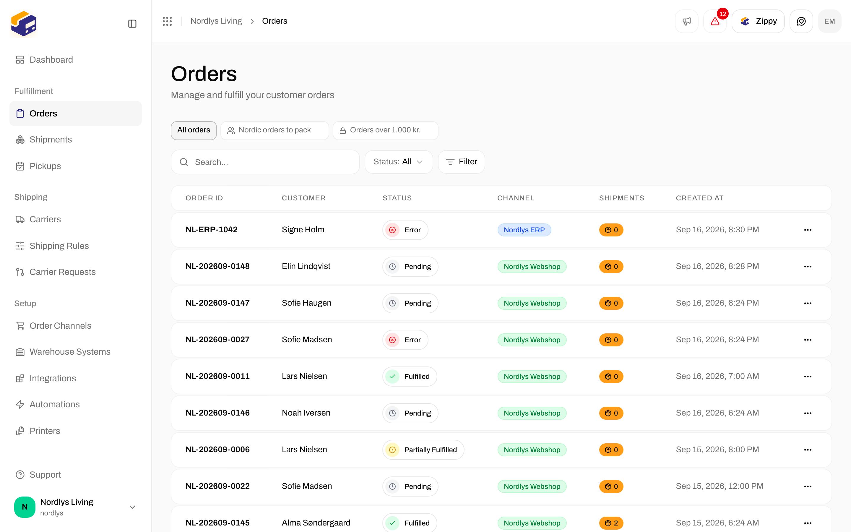 Orders list with search, status and Filter controls above the table