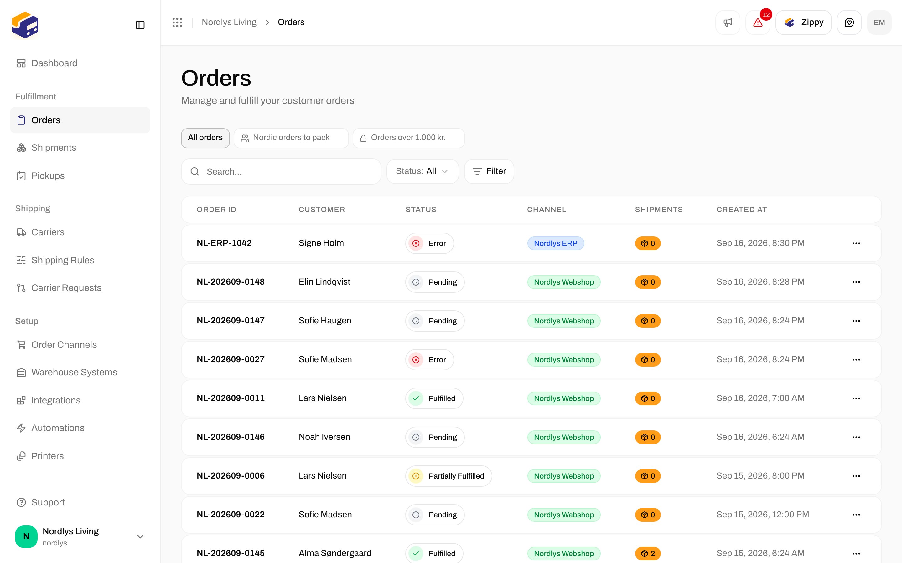 Orders list with search, status and Filter controls above the table