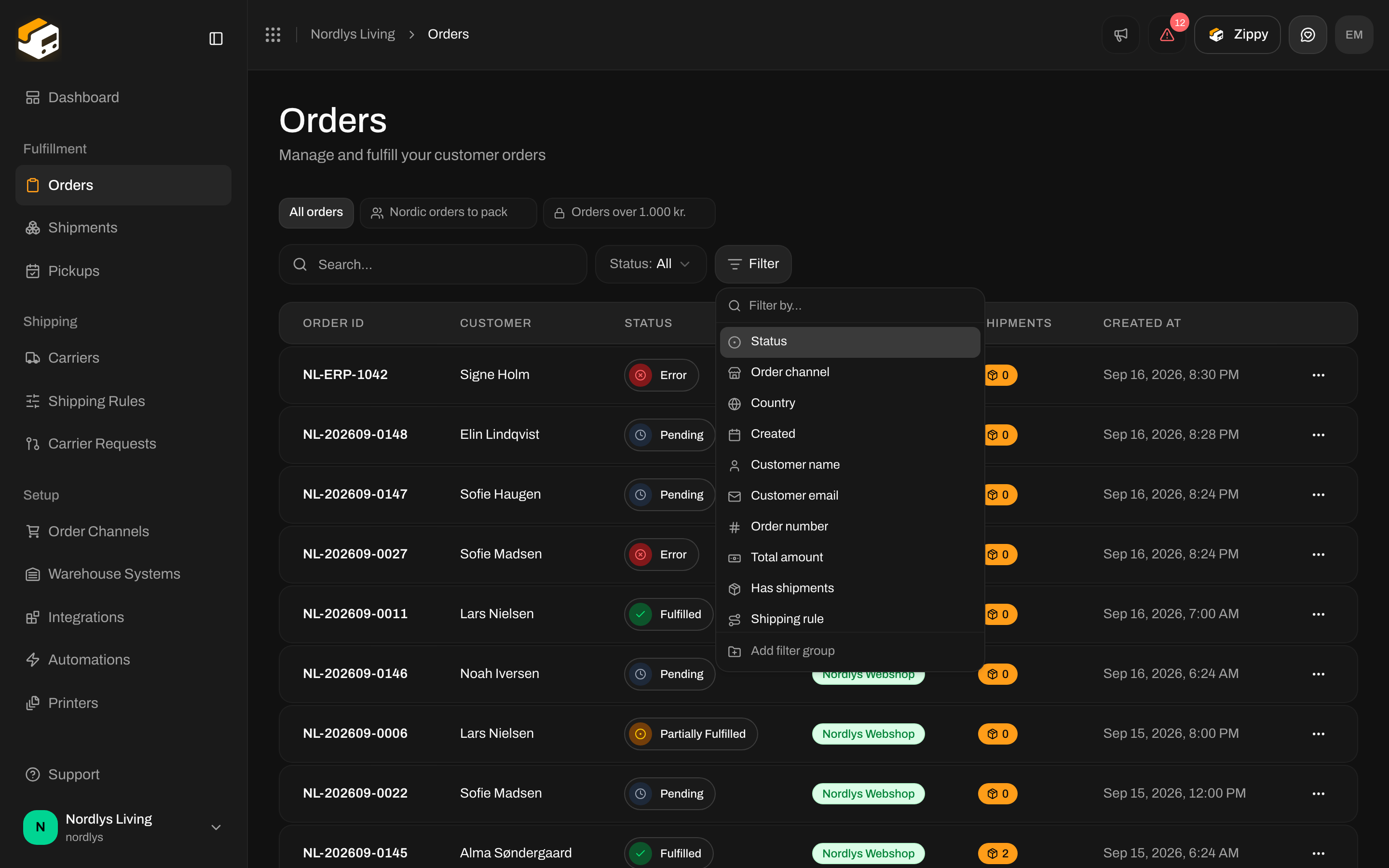Filter menu listing Status, Order channel, Country, Created and other properties