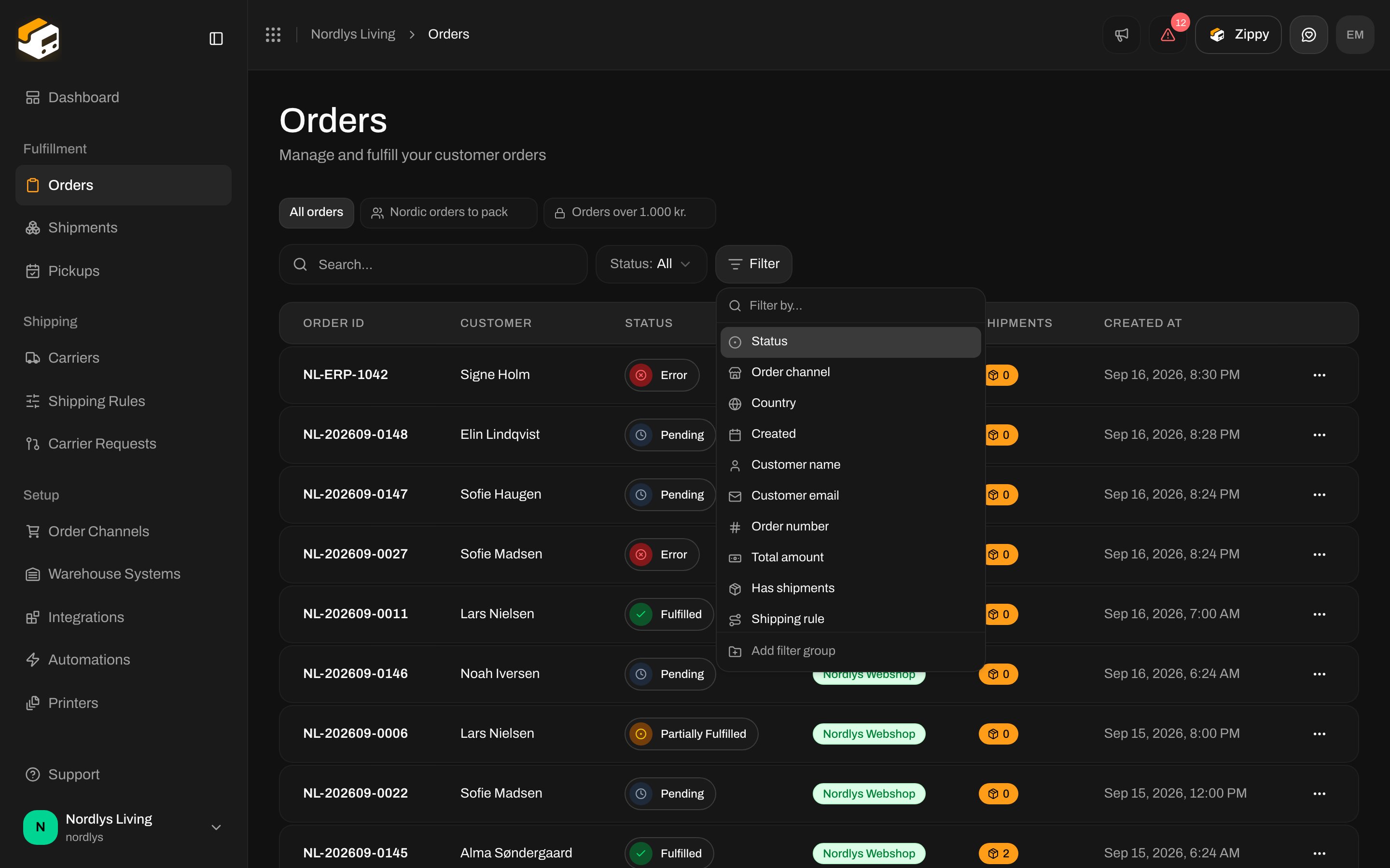 Filter menu listing Status, Order channel, Country, Created and other properties