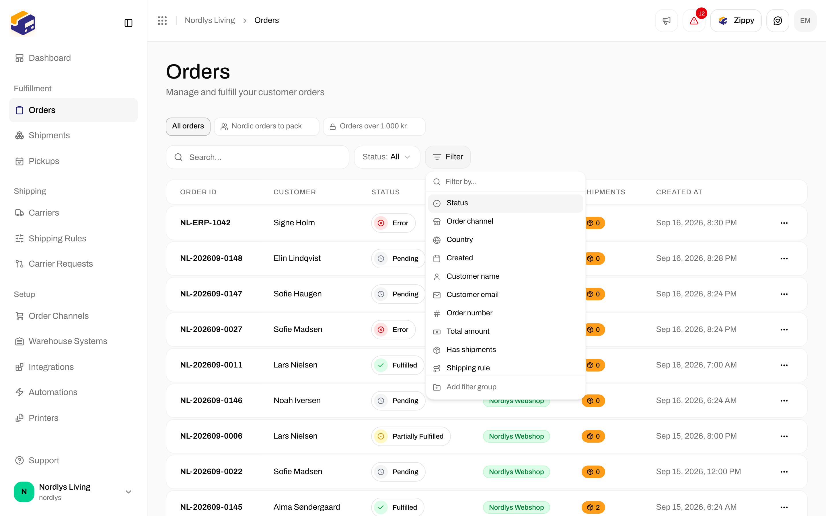 Filter menu listing Status, Order channel, Country, Created and other properties