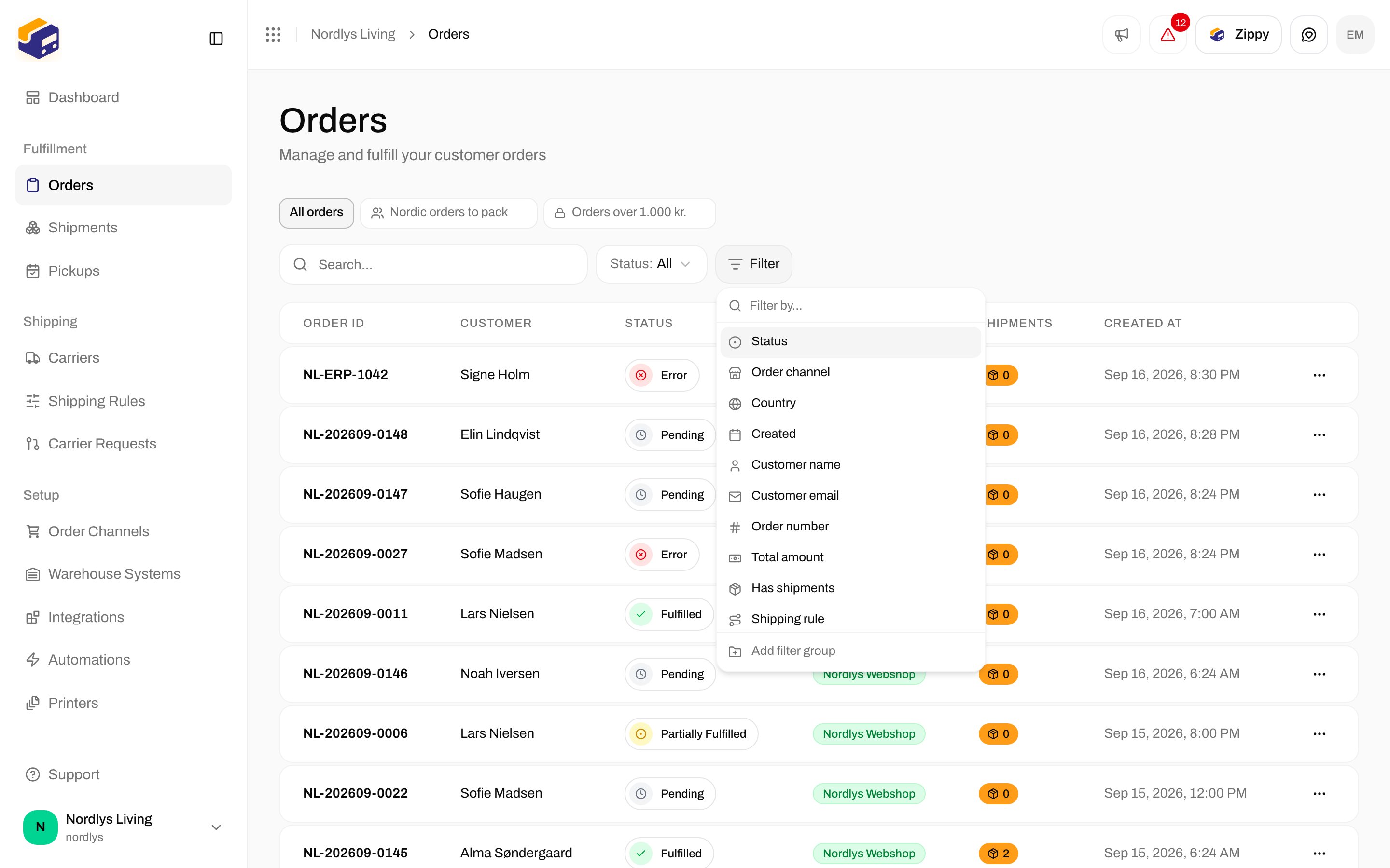 Filter menu listing Status, Order channel, Country, Created and other properties