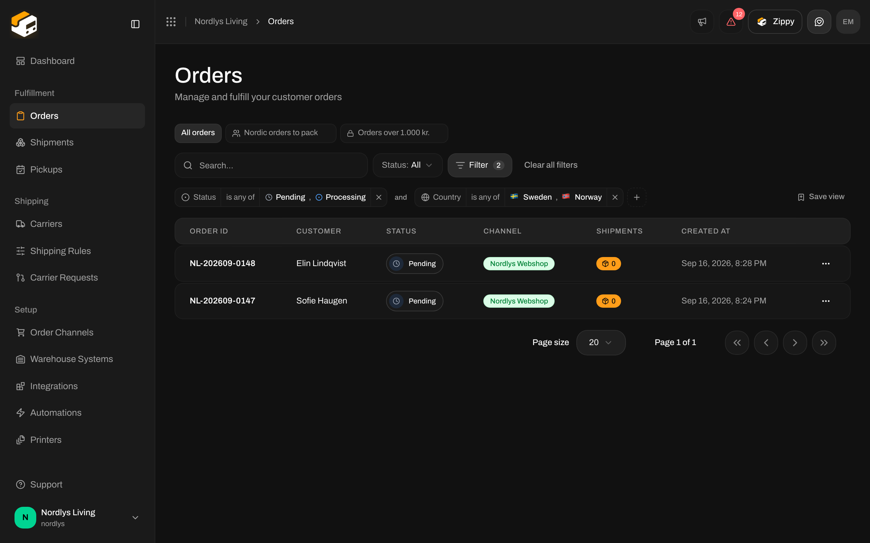 Orders list narrowed by a Status tag and a Country tag joined by and