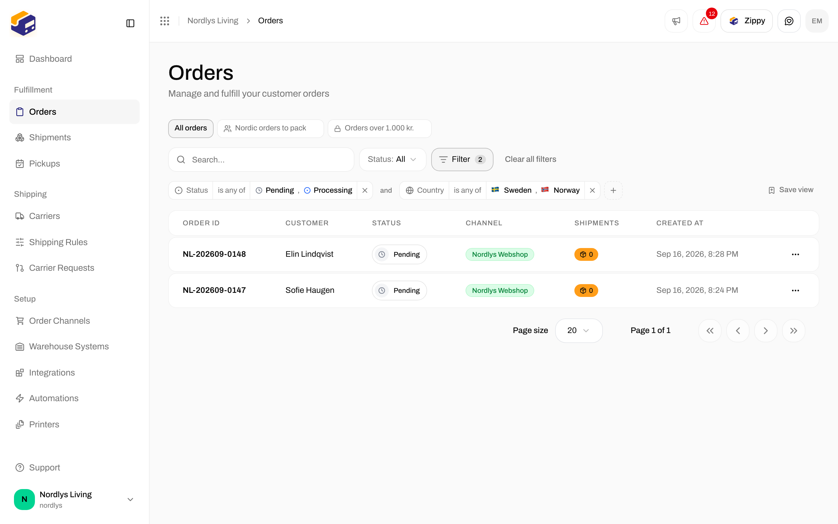 Orders list narrowed by a Status tag and a Country tag joined by and