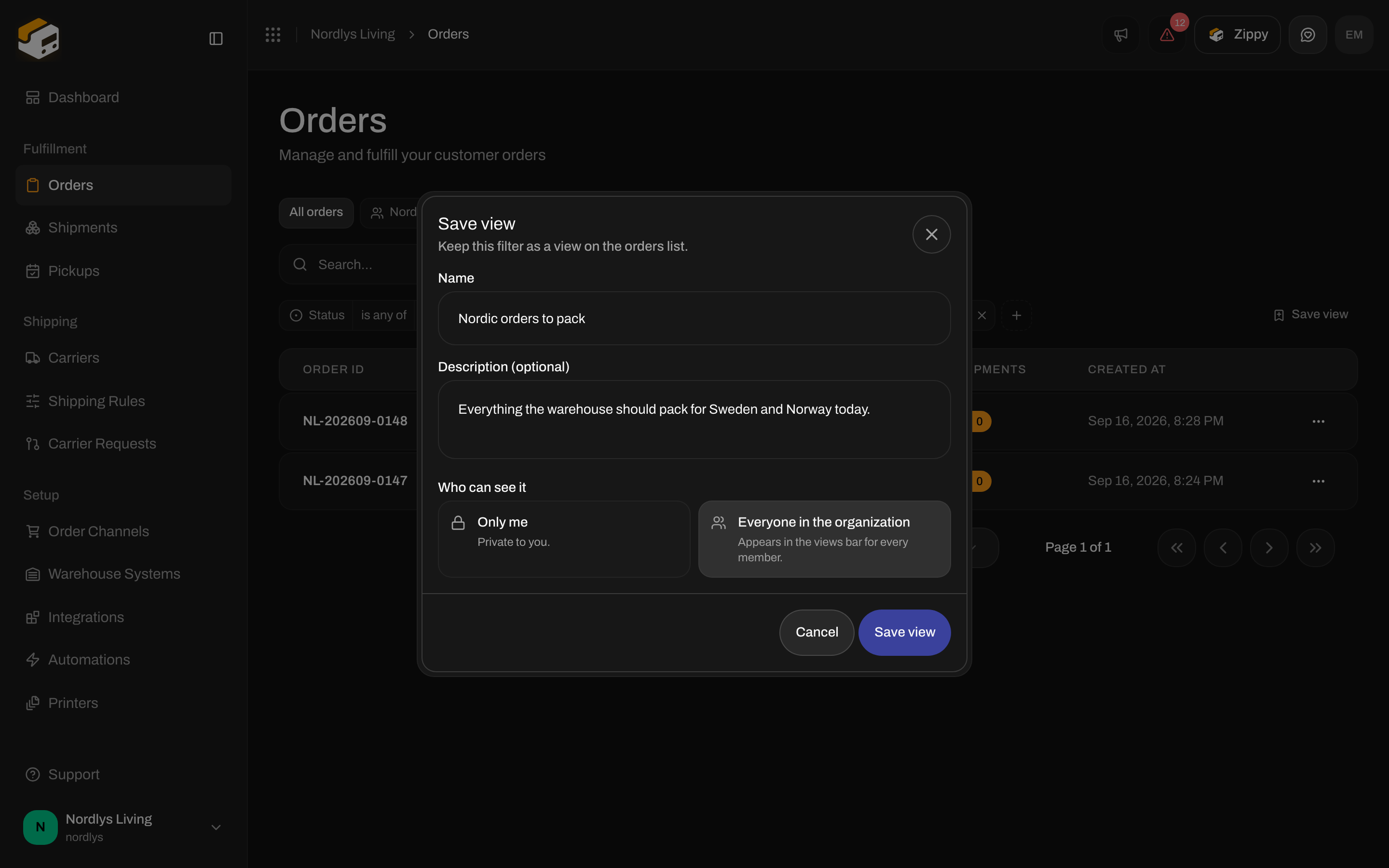 Save view dialog with a name, a description and the choice between Only me and Everyone in the organization