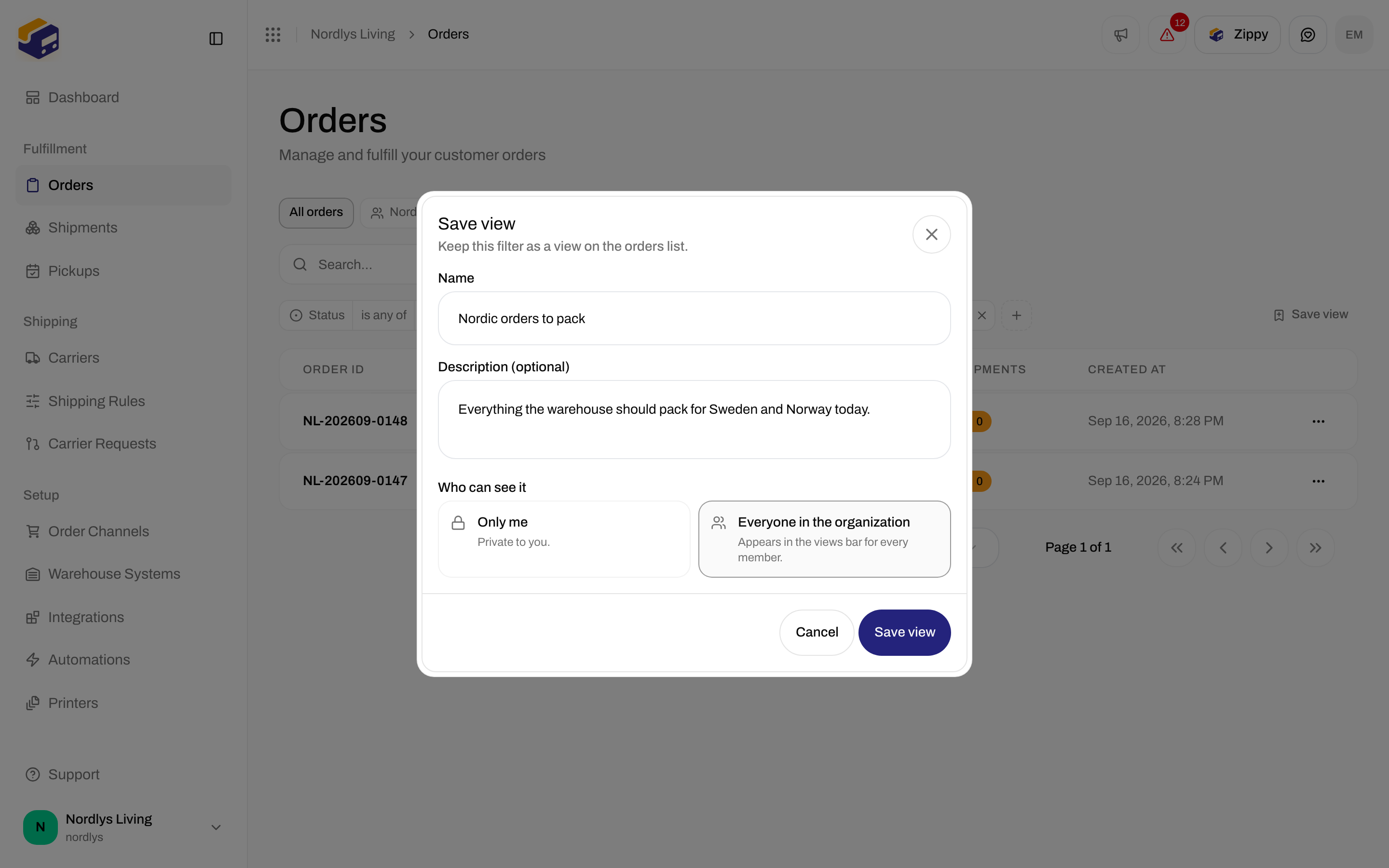 Save view dialog with a name, a description and the choice between Only me and Everyone in the organization